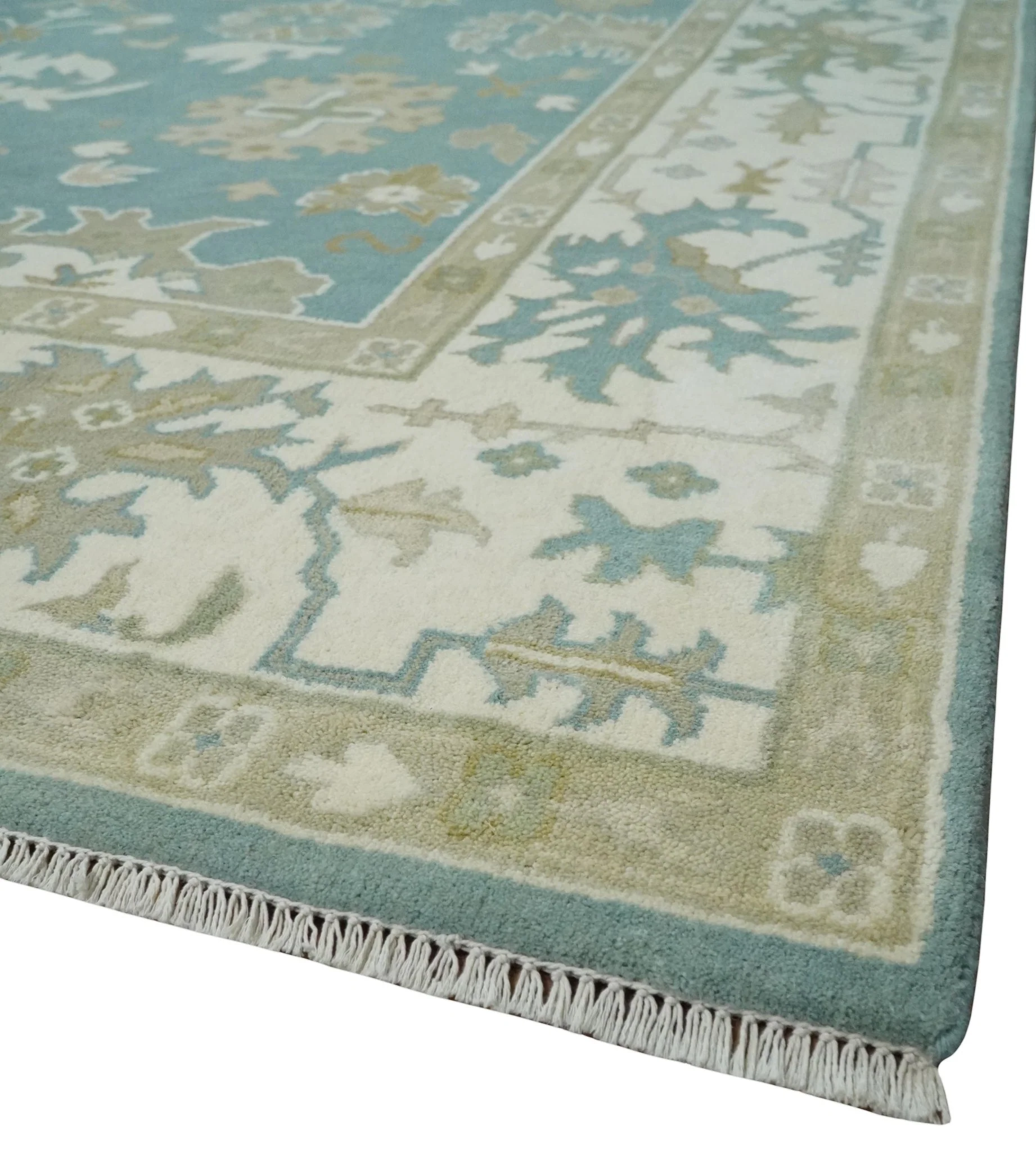9.2x12.5 Hand Knotted Oriental Oushak Teal, Ivory and Beige Wool Area Rug - Image 5