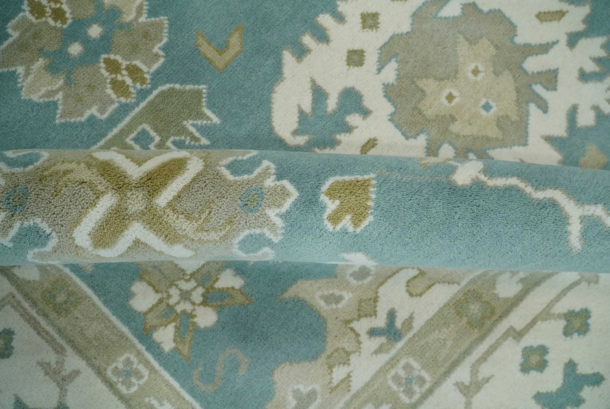 9.2x12.5 Hand Knotted Oriental Oushak Teal, Ivory and Beige Wool Area Rug - Image 6