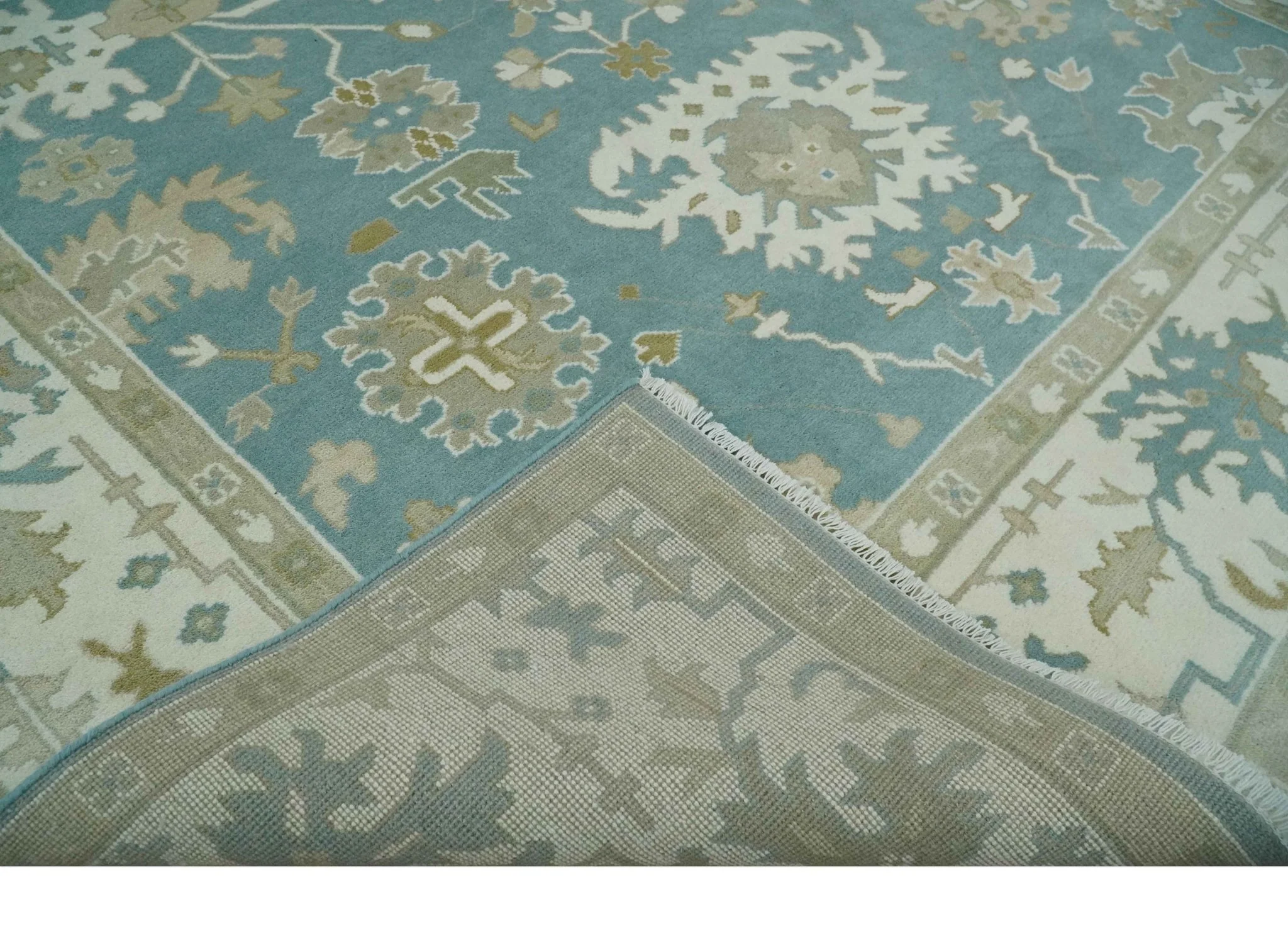 9.2x12.5 Hand Knotted Oriental Oushak Teal, Ivory and Beige Wool Area Rug - Image 7