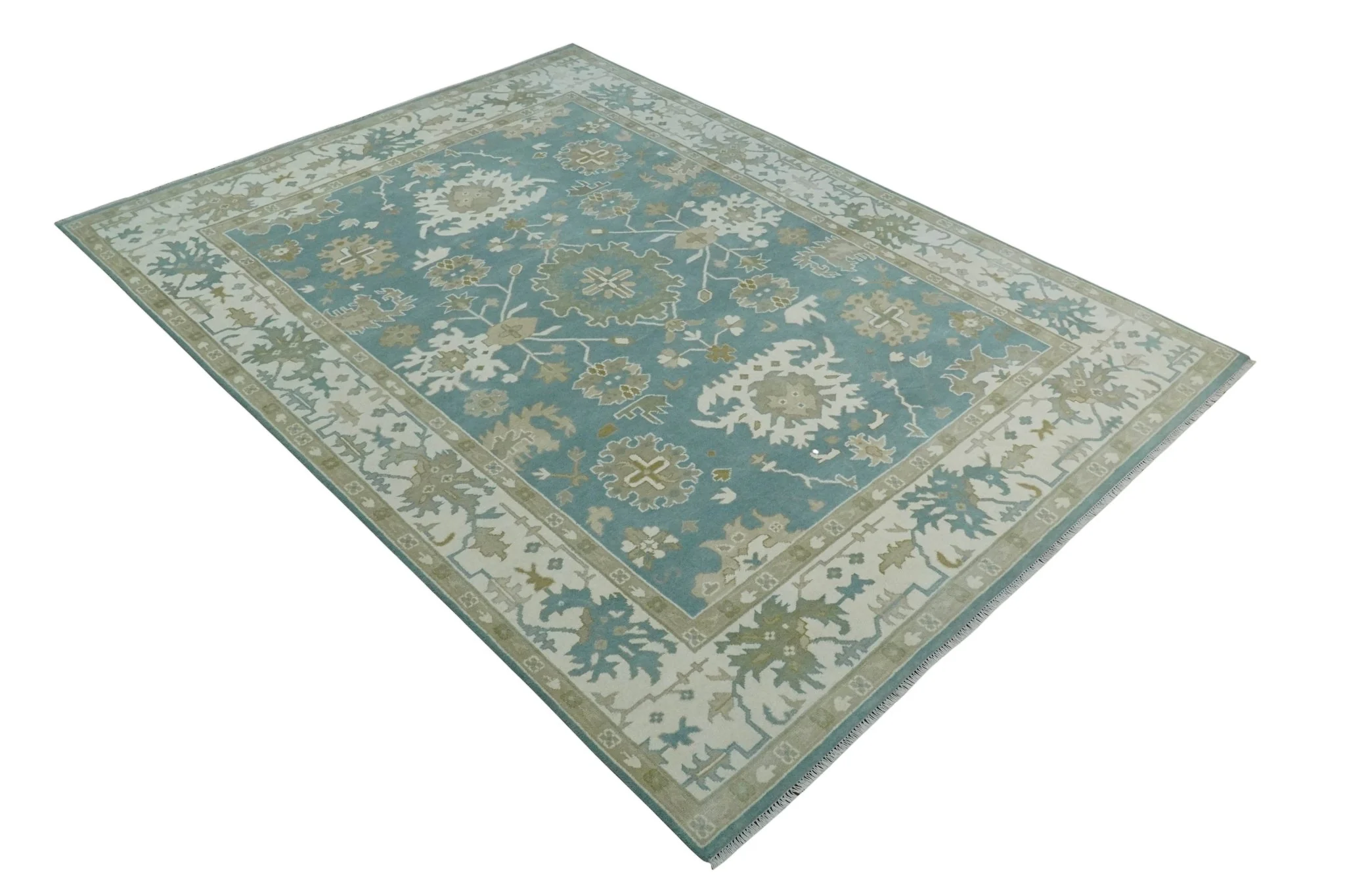 9.2x12.5 Hand Knotted Oriental Oushak Teal, Ivory and Beige Wool Area Rug - Image 9