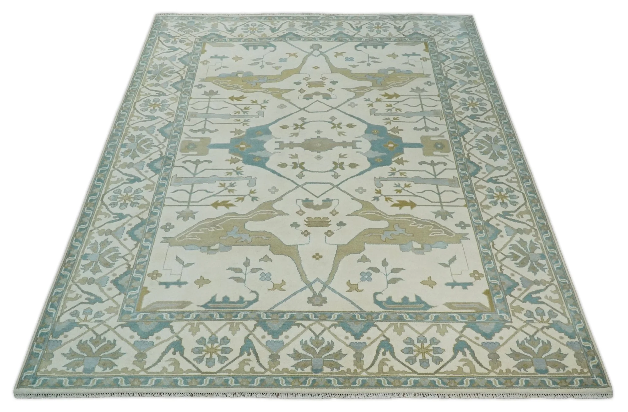 9.3x12.1 Hand Knotted Oriental Oushak Ivory, Brown and Beige Wool Area Rug - Image 10