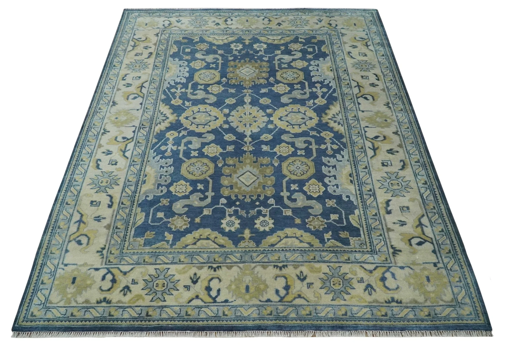 9.3x12 Hand Knotted Blue and Beige Traditional Oushak Wool Area Rug - Image 10