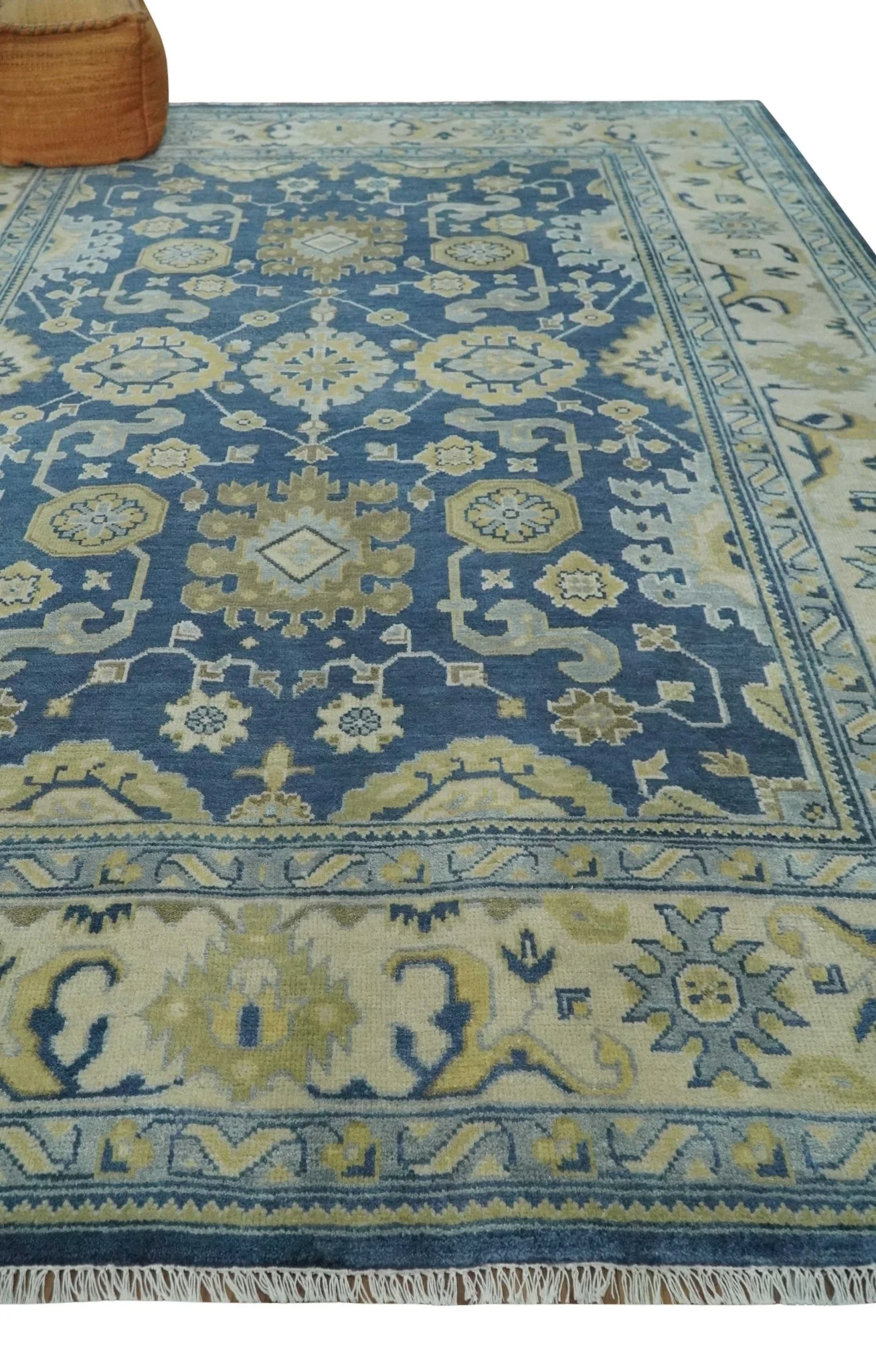9.3x12 Hand Knotted Blue and Beige Traditional Oushak Wool Area Rug - Image 3