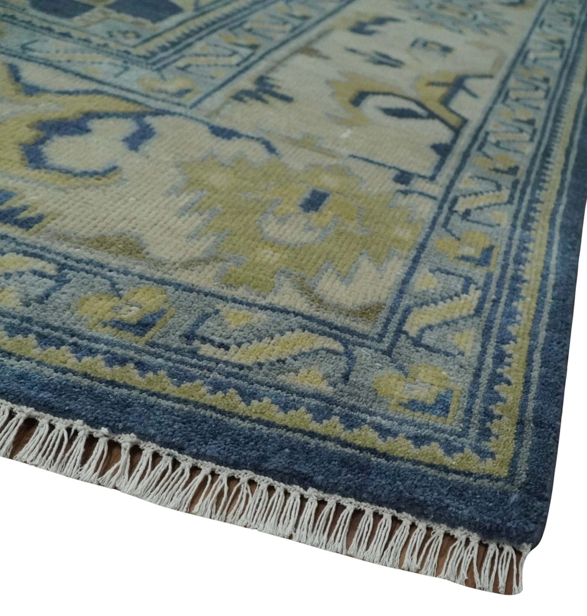 9.3x12 Hand Knotted Blue and Beige Traditional Oushak Wool Area Rug - Image 5