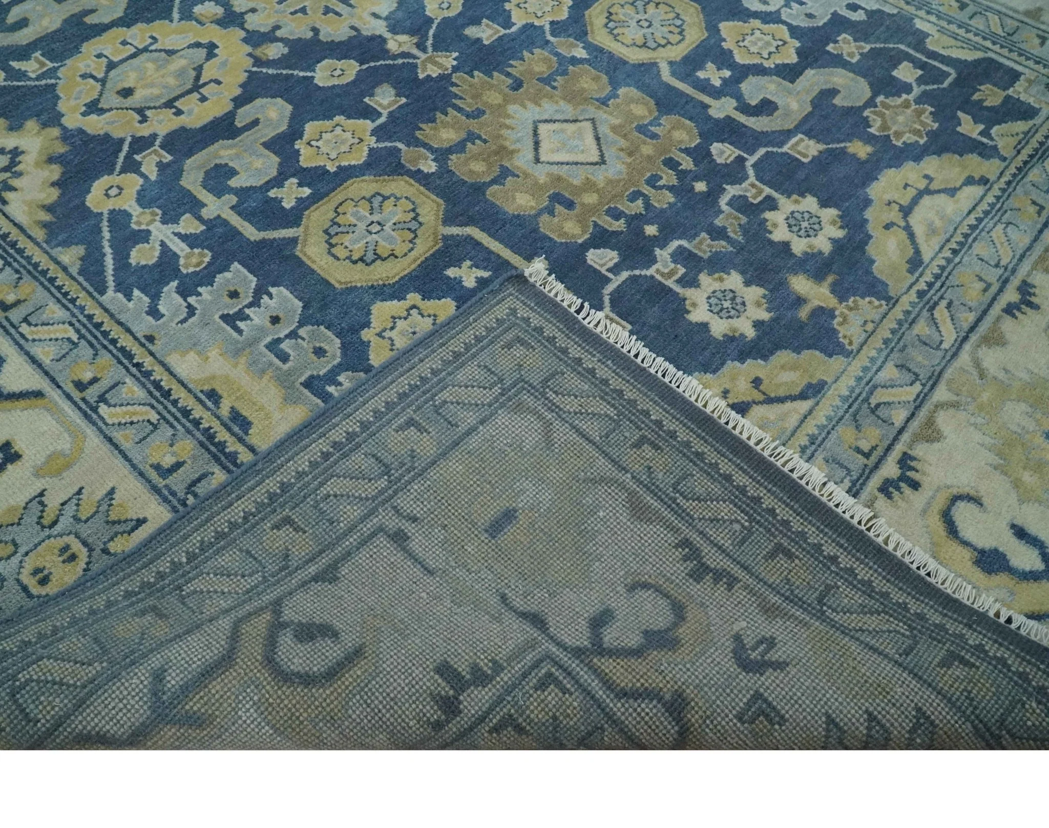 9.3x12 Hand Knotted Blue and Beige Traditional Oushak Wool Area Rug - Image 6