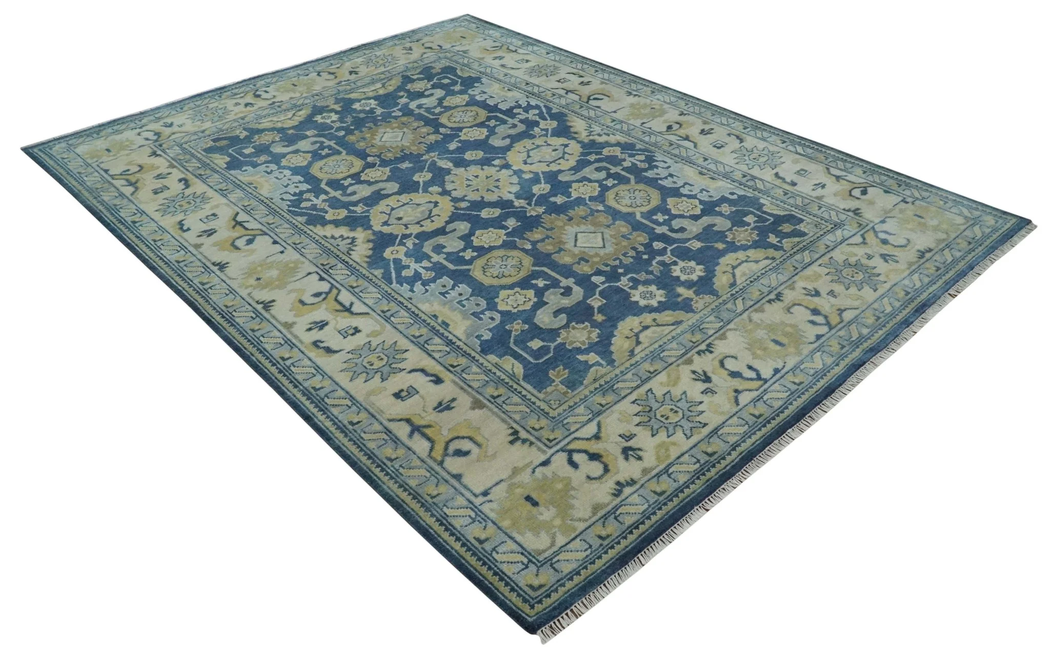 9.3x12 Hand Knotted Blue and Beige Traditional Oushak Wool Area Rug - Image 9