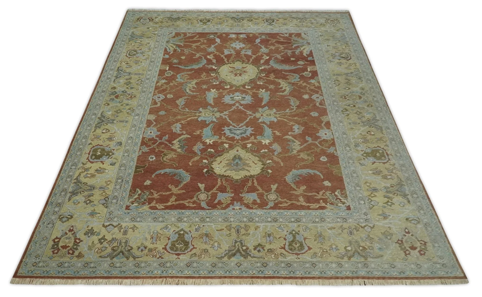 9.4x11.9 Hand Knotted Low Pile Rust, Beige and Blue Traditional Wool Area Rug - Image 10