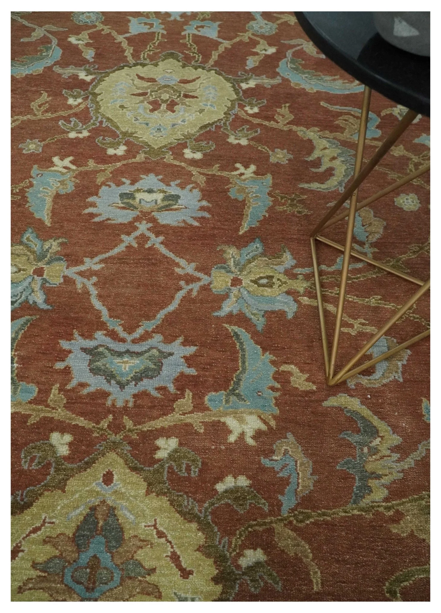 9.4x11.9 Hand Knotted Low Pile Rust, Beige and Blue Traditional Wool Area Rug - Image 2