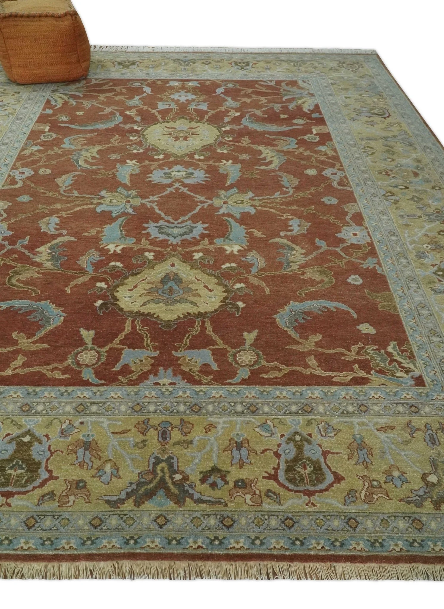 9.4x11.9 Hand Knotted Low Pile Rust, Beige and Blue Traditional Wool Area Rug - Image 3