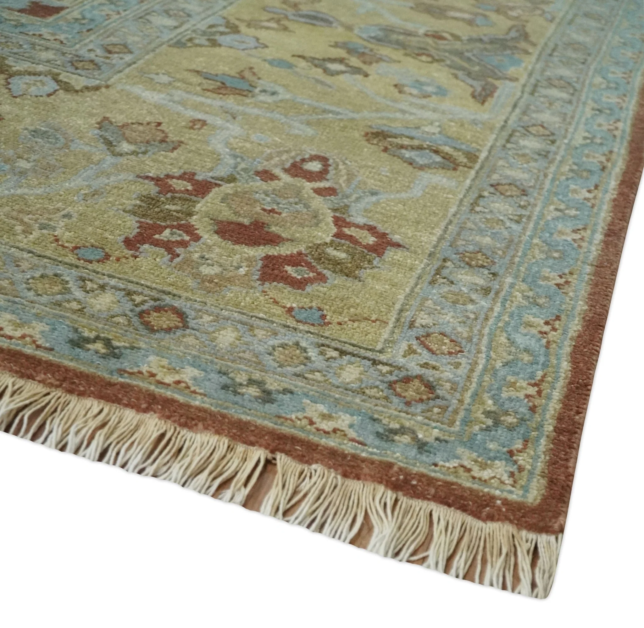 9.4x11.9 Hand Knotted Low Pile Rust, Beige and Blue Traditional Wool Area Rug - Image 5