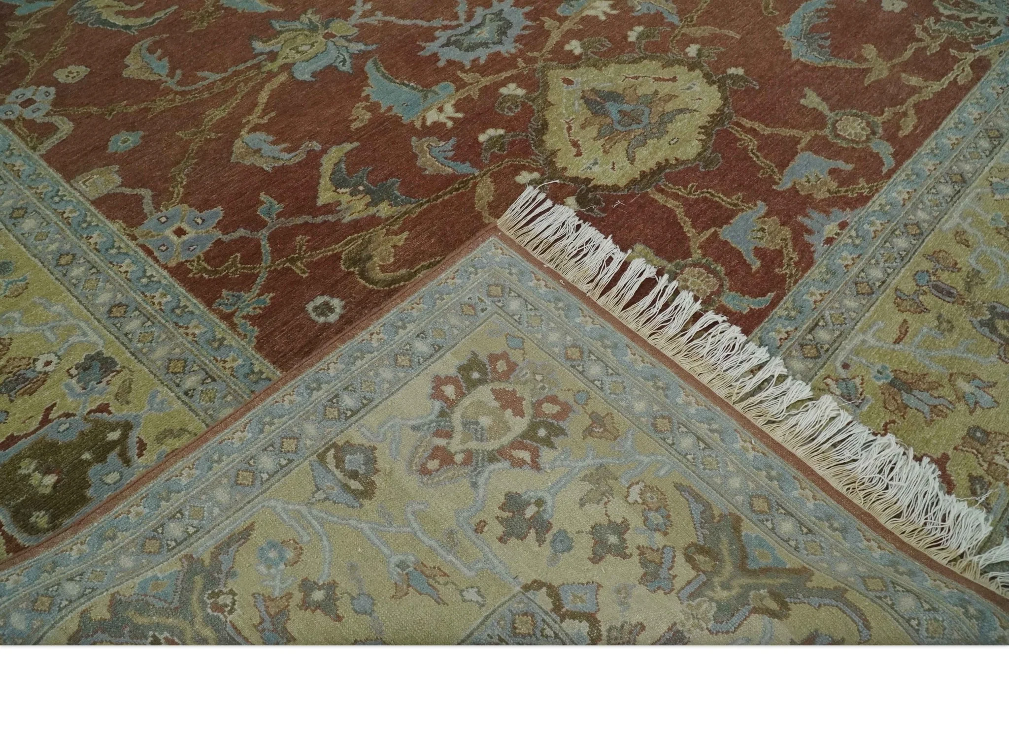 9.4x11.9 Hand Knotted Low Pile Rust, Beige and Blue Traditional Wool Area Rug - Image 6
