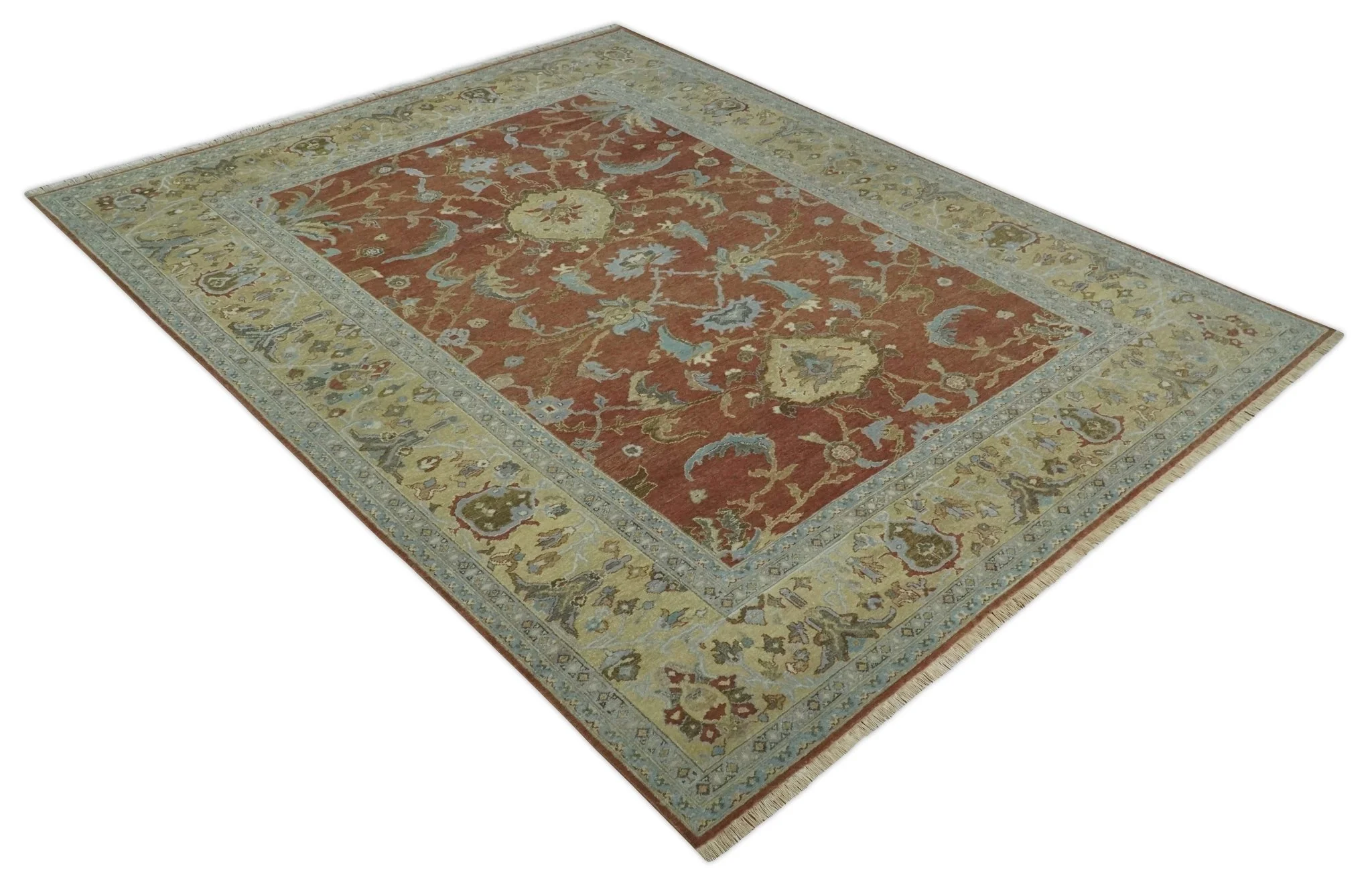 9.4x11.9 Hand Knotted Low Pile Rust, Beige and Blue Traditional Wool Area Rug - Image 9
