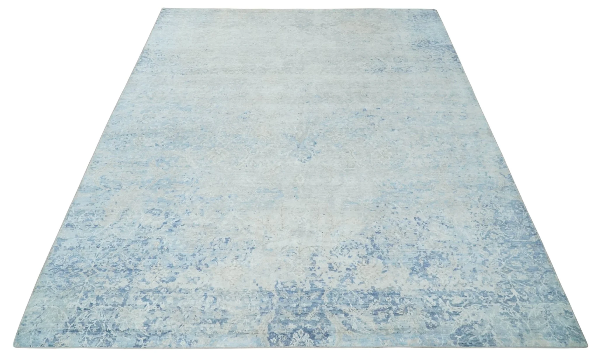 Fine 10x13 Ivory and blue Modern Abstract Hand Knotted Blended Wool and Art silk Area Rug - Image 10