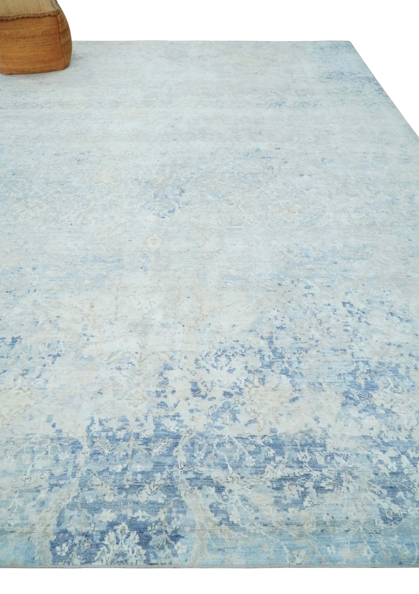 Fine 10x13 Ivory and blue Modern Abstract Hand Knotted Blended Wool and Art silk Area Rug - Image 3