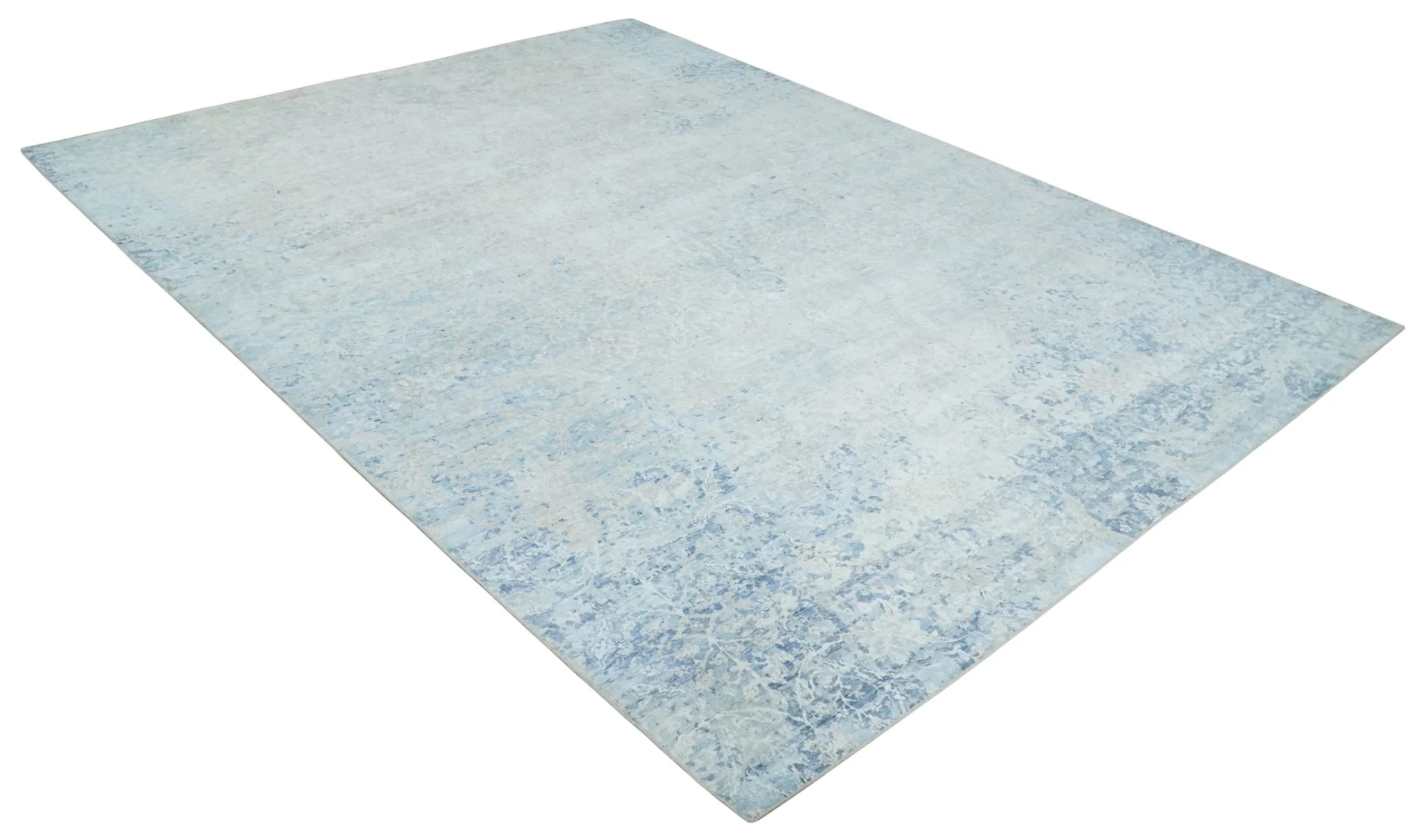 Fine 10x13 Ivory and blue Modern Abstract Hand Knotted Blended Wool and Art silk Area Rug - Image 9