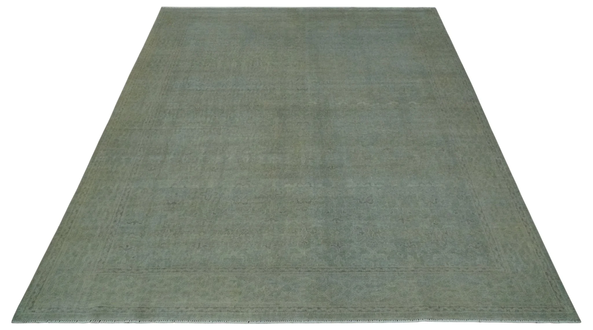 Large 9x12 Traditional Antique Style Beige and Aqua Turkish Knot Wool Rug - Image 10