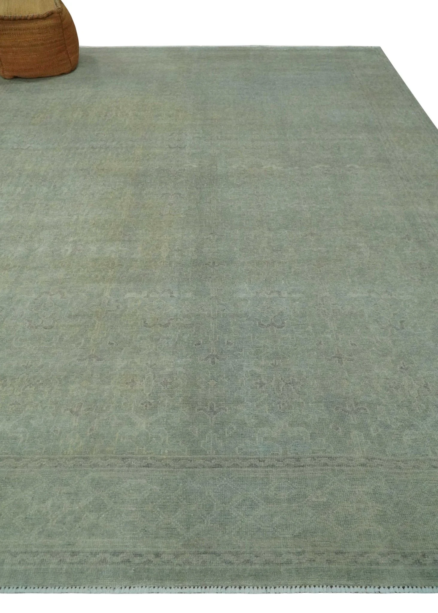 Large 9x12 Traditional Antique Style Beige and Aqua Turkish Knot Wool Rug - Image 3