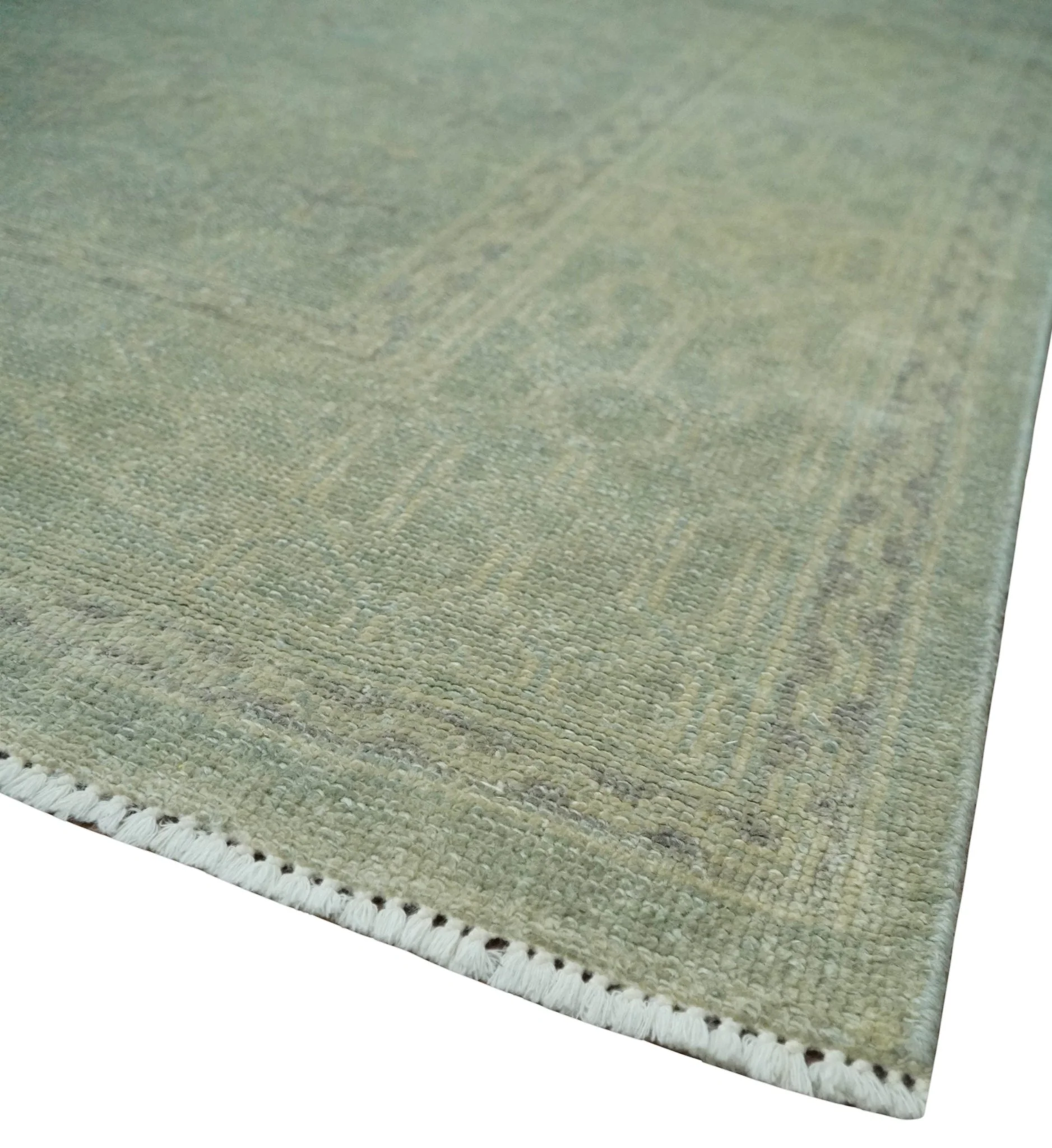 Large 9x12 Traditional Antique Style Beige and Aqua Turkish Knot Wool Rug - Image 5
