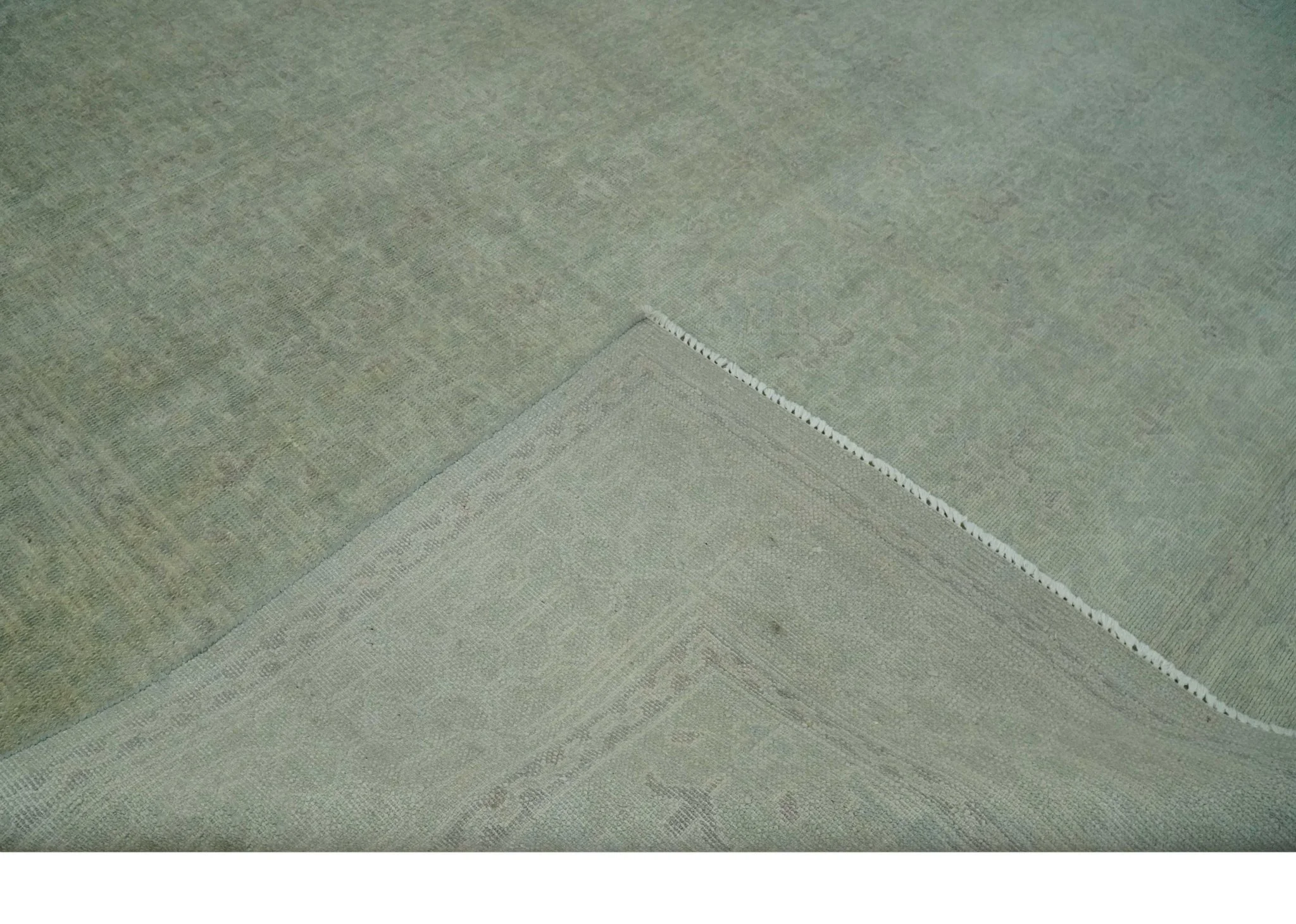 Large 9x12 Traditional Antique Style Beige and Aqua Turkish Knot Wool Rug - Image 7