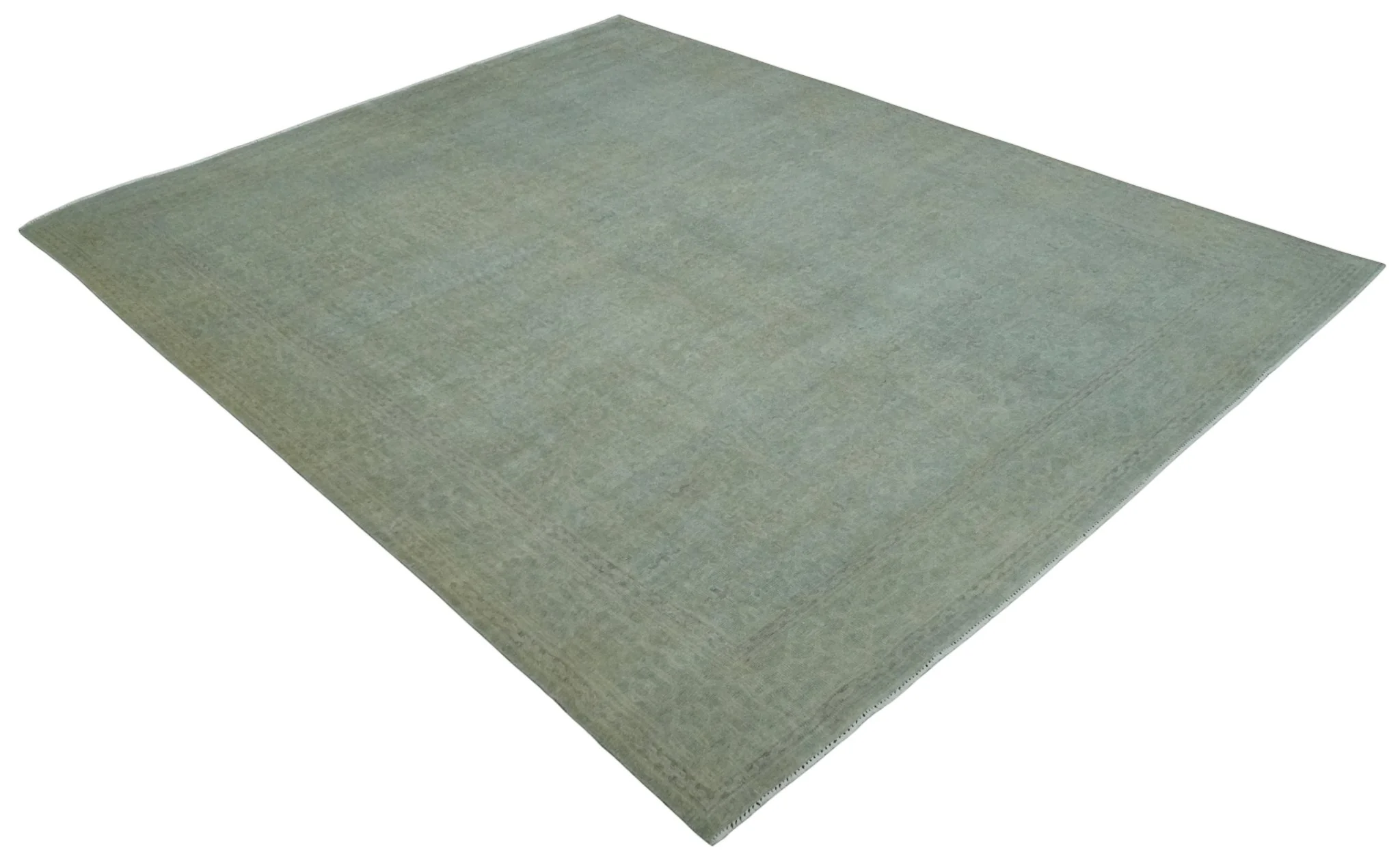 Large 9x12 Traditional Antique Style Beige and Aqua Turkish Knot Wool Rug - Image 9