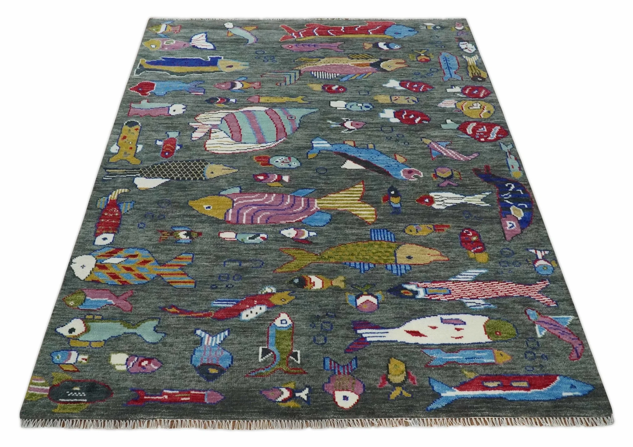 The Sea Life vibrant Colorful Fish Gray Rug Hand Knotted Multi Size Wool Area Rug - Image 10