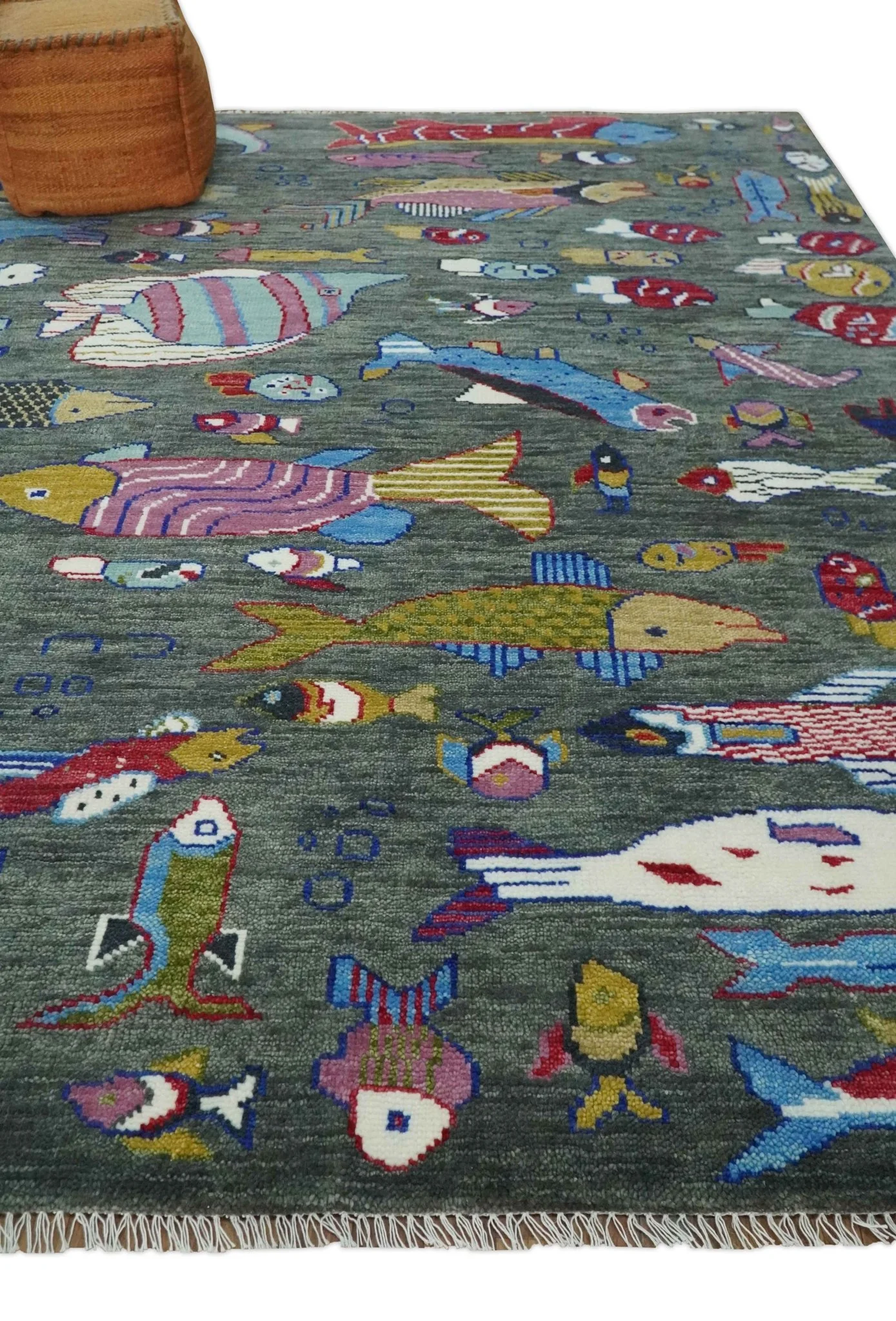 The Sea Life vibrant Colorful Fish Gray Rug Hand Knotted Multi Size Wool Area Rug - Image 3