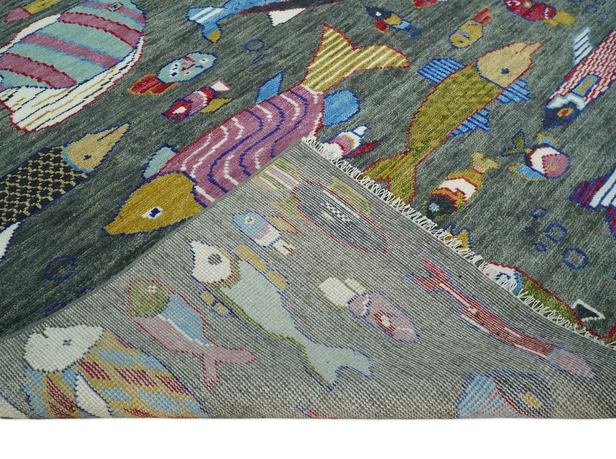 The Sea Life vibrant Colorful Fish Gray Rug Hand Knotted Multi Size Wool Area Rug - Image 7