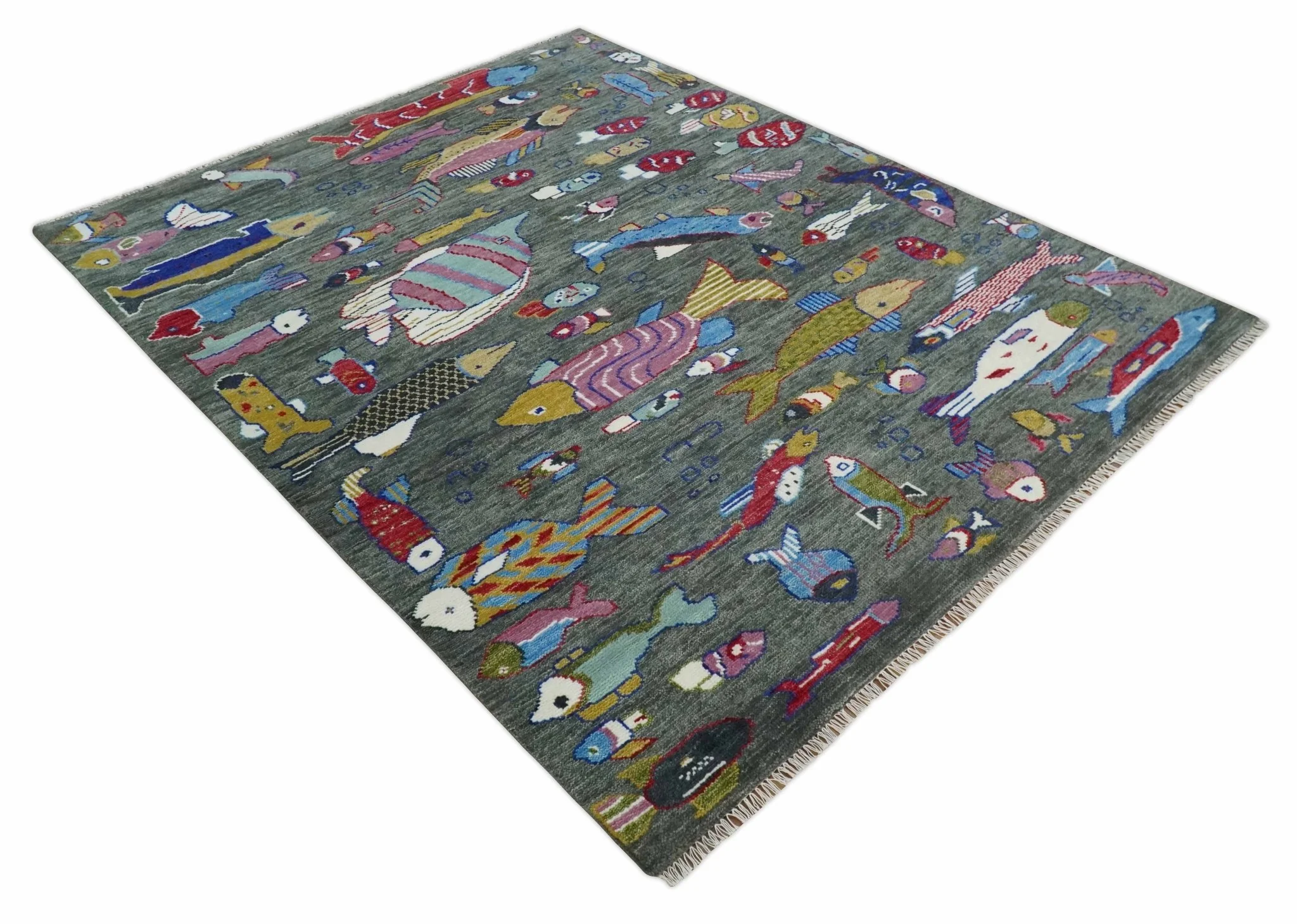 The Sea Life vibrant Colorful Fish Gray Rug Hand Knotted Multi Size Wool Area Rug - Image 9
