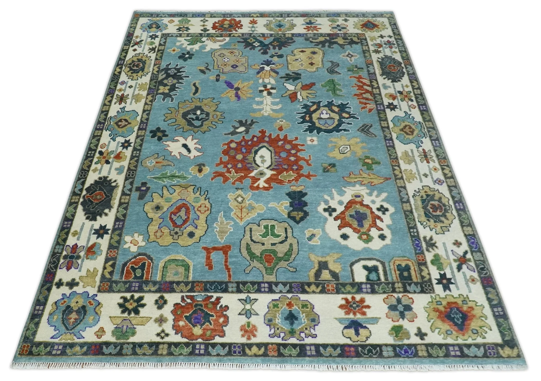 9x12 Hand Knotted Blue, Ivory and Gray vibrant Colorful Oushak Wool Area Rug - Image 10