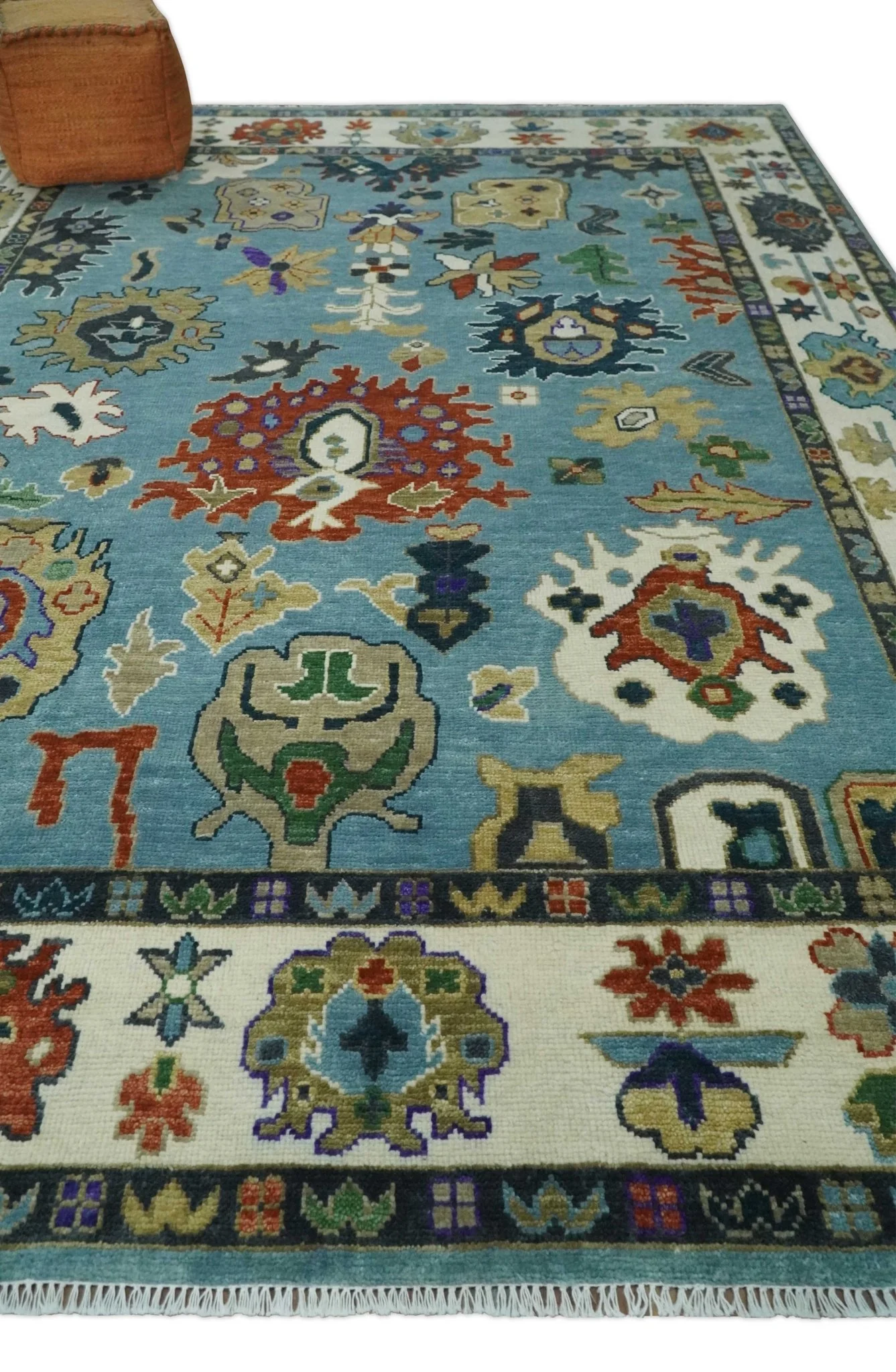 9x12 Hand Knotted Blue, Ivory and Gray vibrant Colorful Oushak Wool Area Rug - Image 3