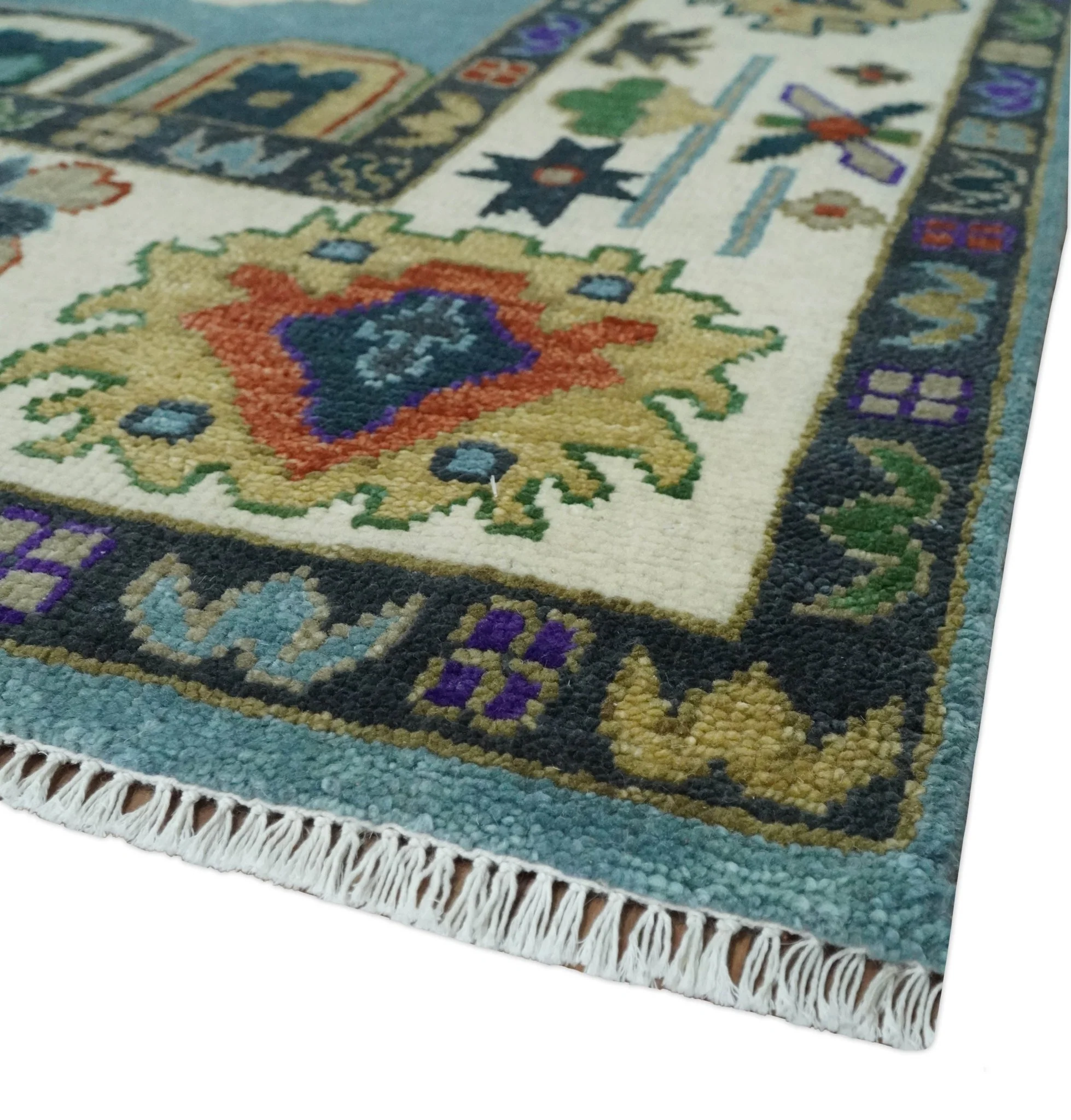 9x12 Hand Knotted Blue, Ivory and Gray vibrant Colorful Oushak Wool Area Rug - Image 5