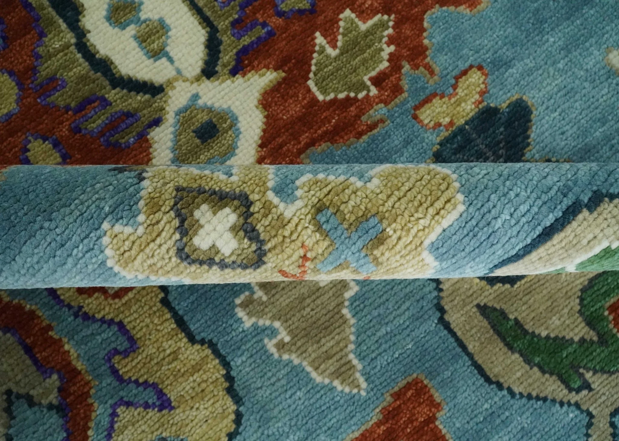 9x12 Hand Knotted Blue, Ivory and Gray vibrant Colorful Oushak Wool Area Rug - Image 6