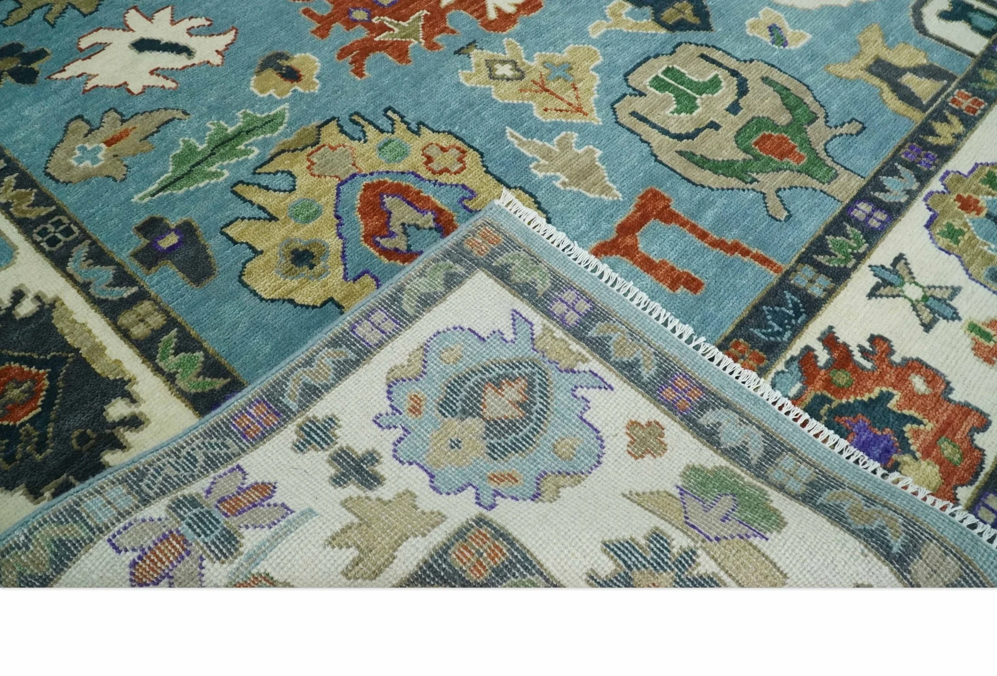 9x12 Hand Knotted Blue, Ivory and Gray vibrant Colorful Oushak Wool Area Rug - Image 7