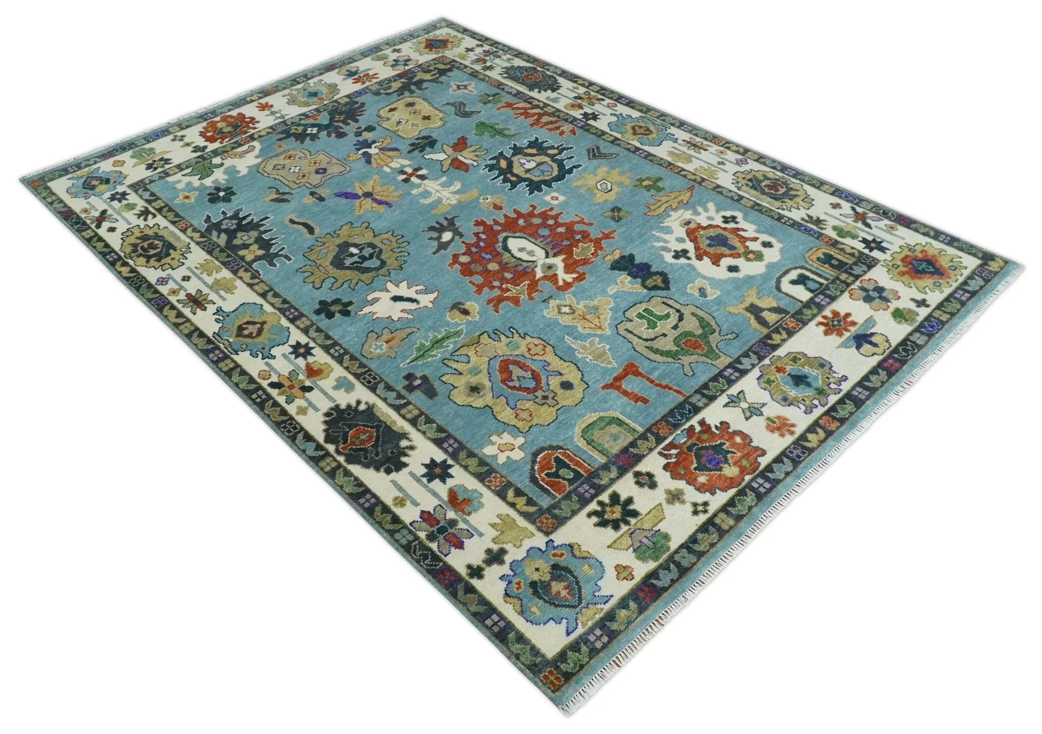 9x12 Hand Knotted Blue, Ivory and Gray vibrant Colorful Oushak Wool Area Rug - Image 9