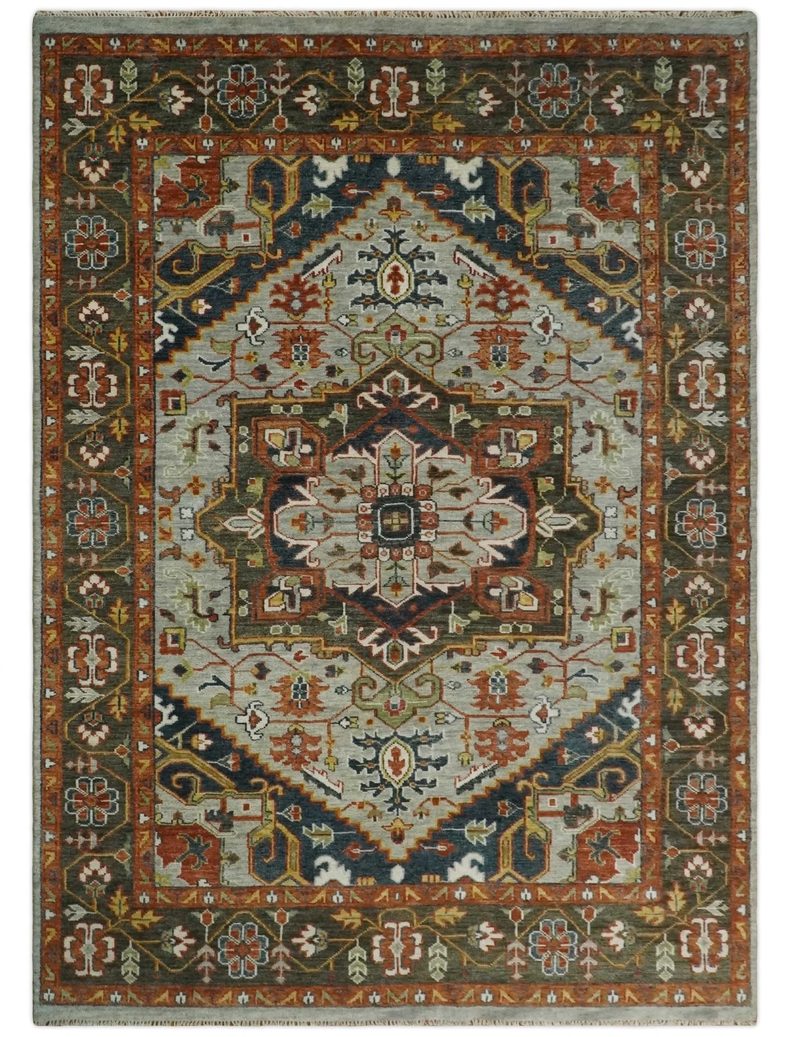 Blue and Brown Traditional Antique look Heriz Serapi Hand Knotted Custom Made wool Area Rug - Image 10