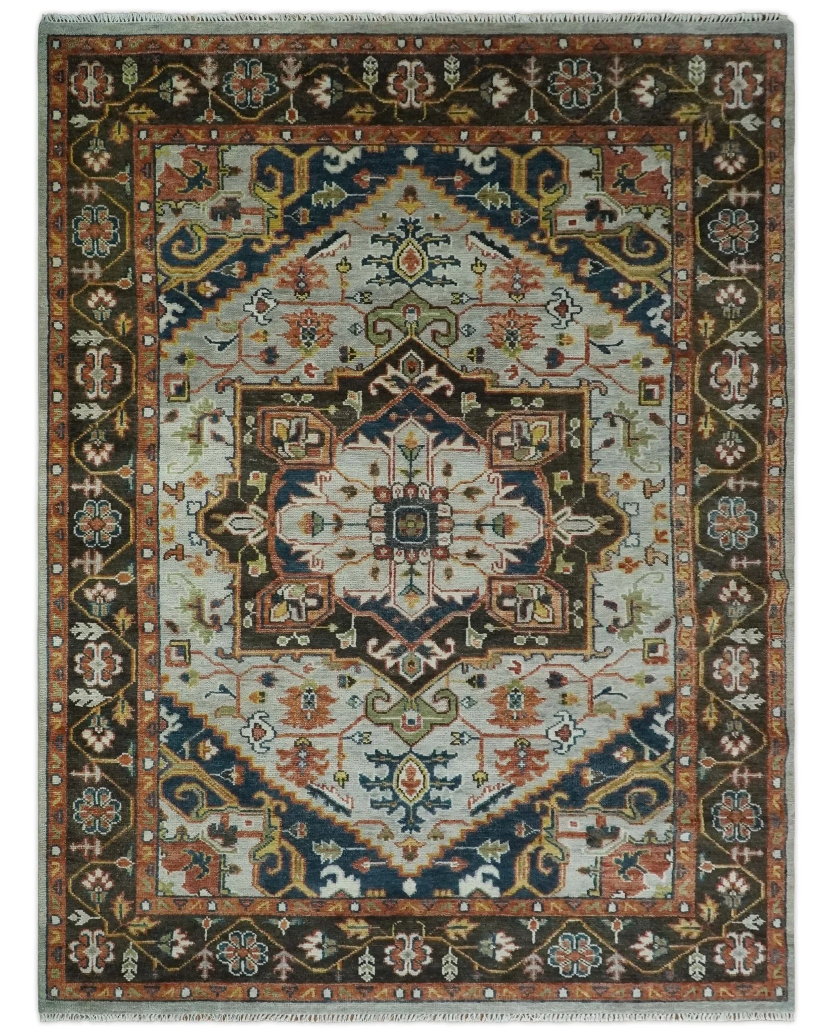 Blue and Brown Traditional Antique look Heriz Serapi Hand Knotted Custom Made wool Area Rug - Image 11