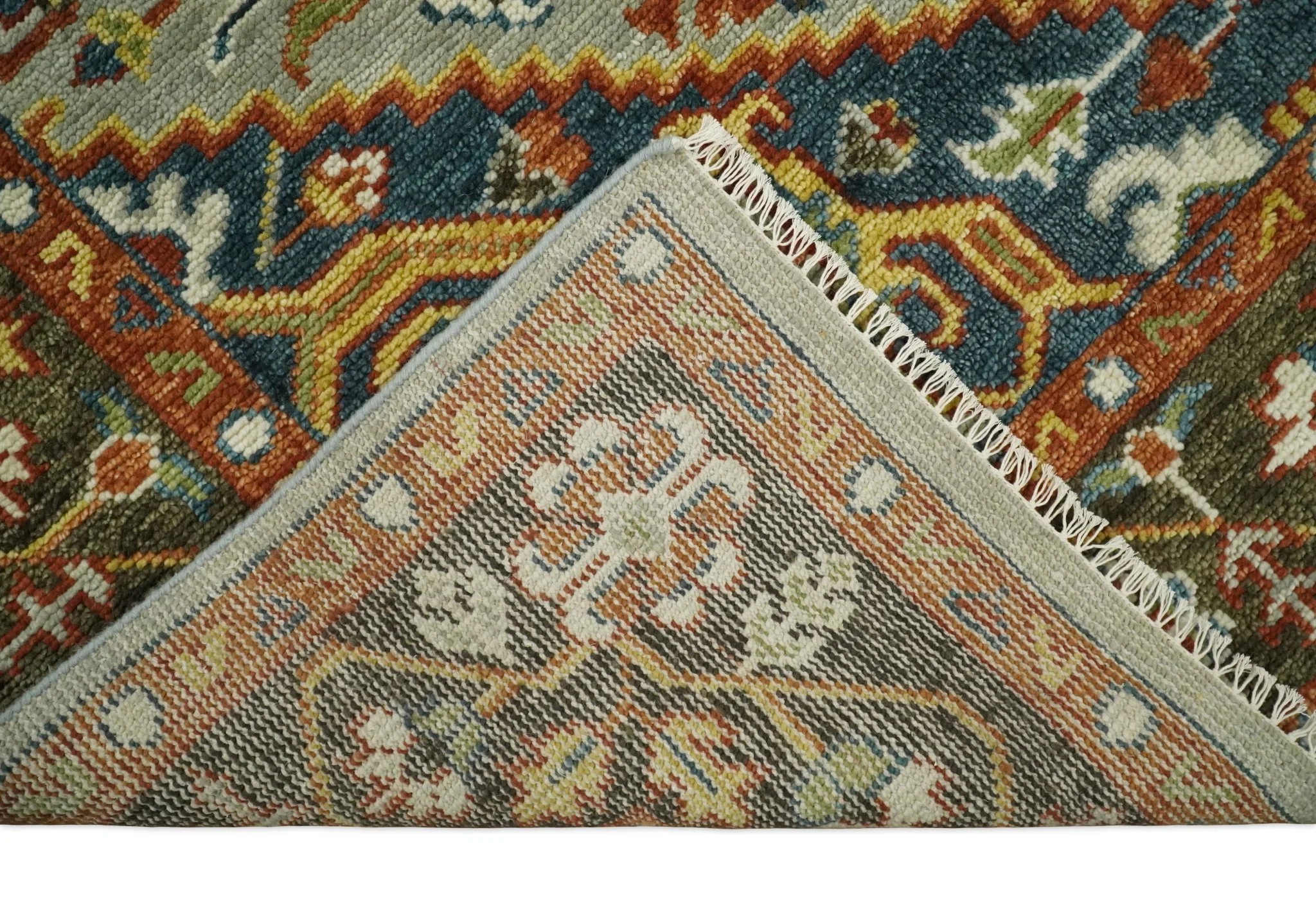 Blue and Brown Traditional Antique look Heriz Serapi Hand Knotted Custom Made wool Area Rug - Image 6