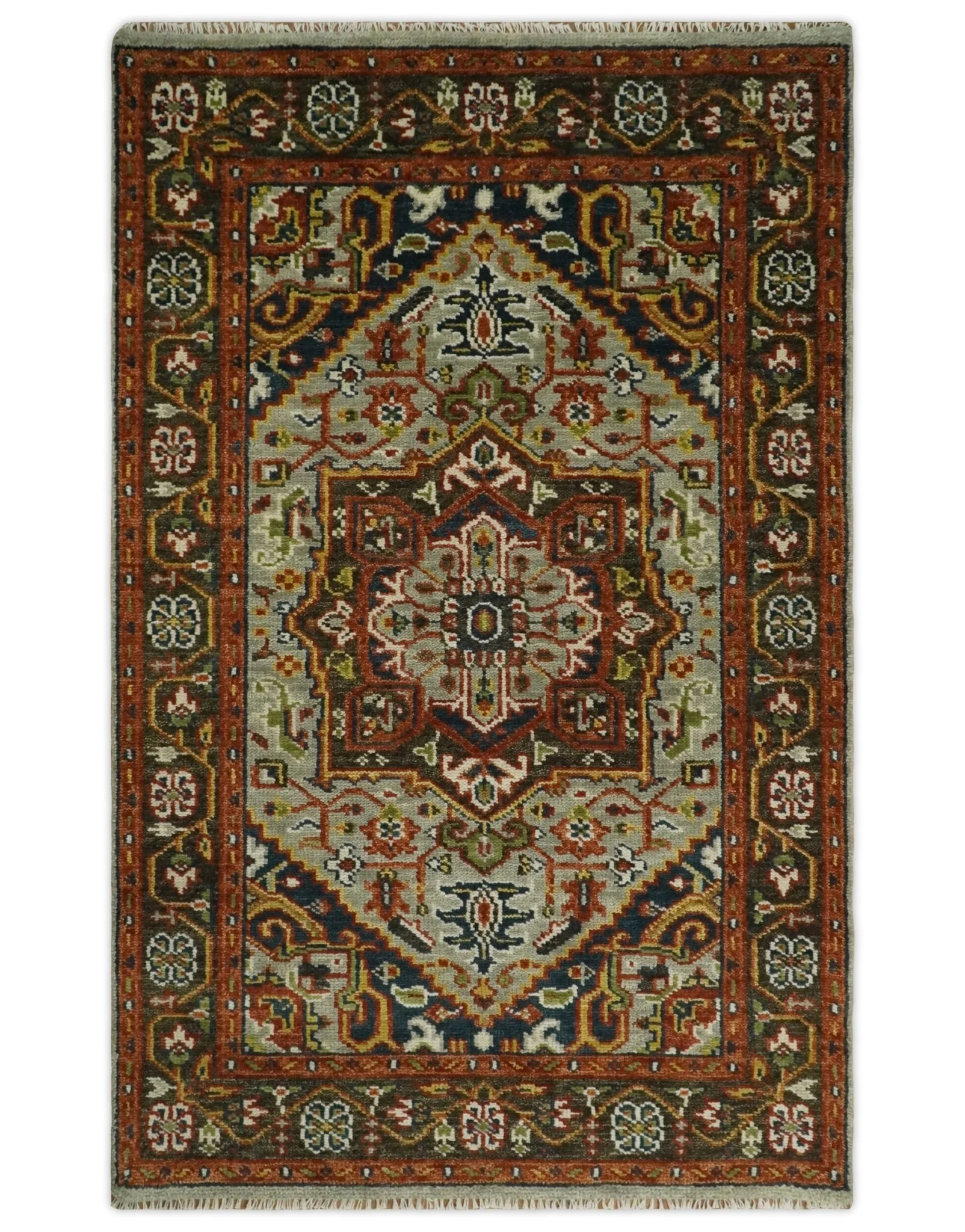 Blue and Brown Traditional Antique look Heriz Serapi Hand Knotted Custom Made wool Area Rug - Image 7