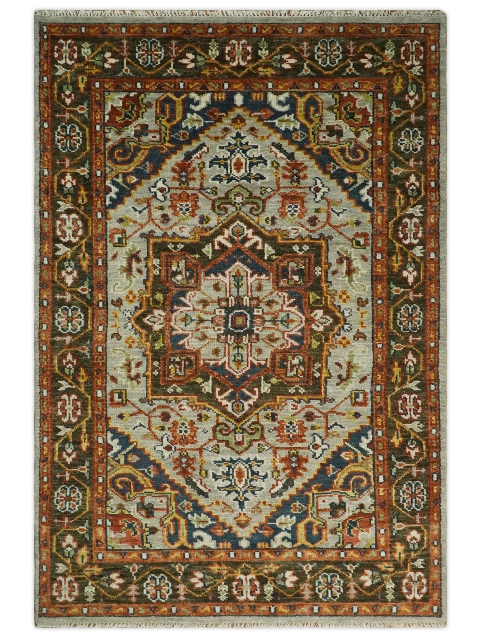 Blue and Brown Traditional Antique look Heriz Serapi Hand Knotted Custom Made wool Area Rug - Image 8