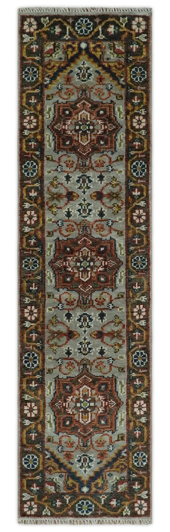 Blue and Brown Traditional Antique look Heriz Serapi Hand Knotted Custom Made wool Area Rug - Image 9