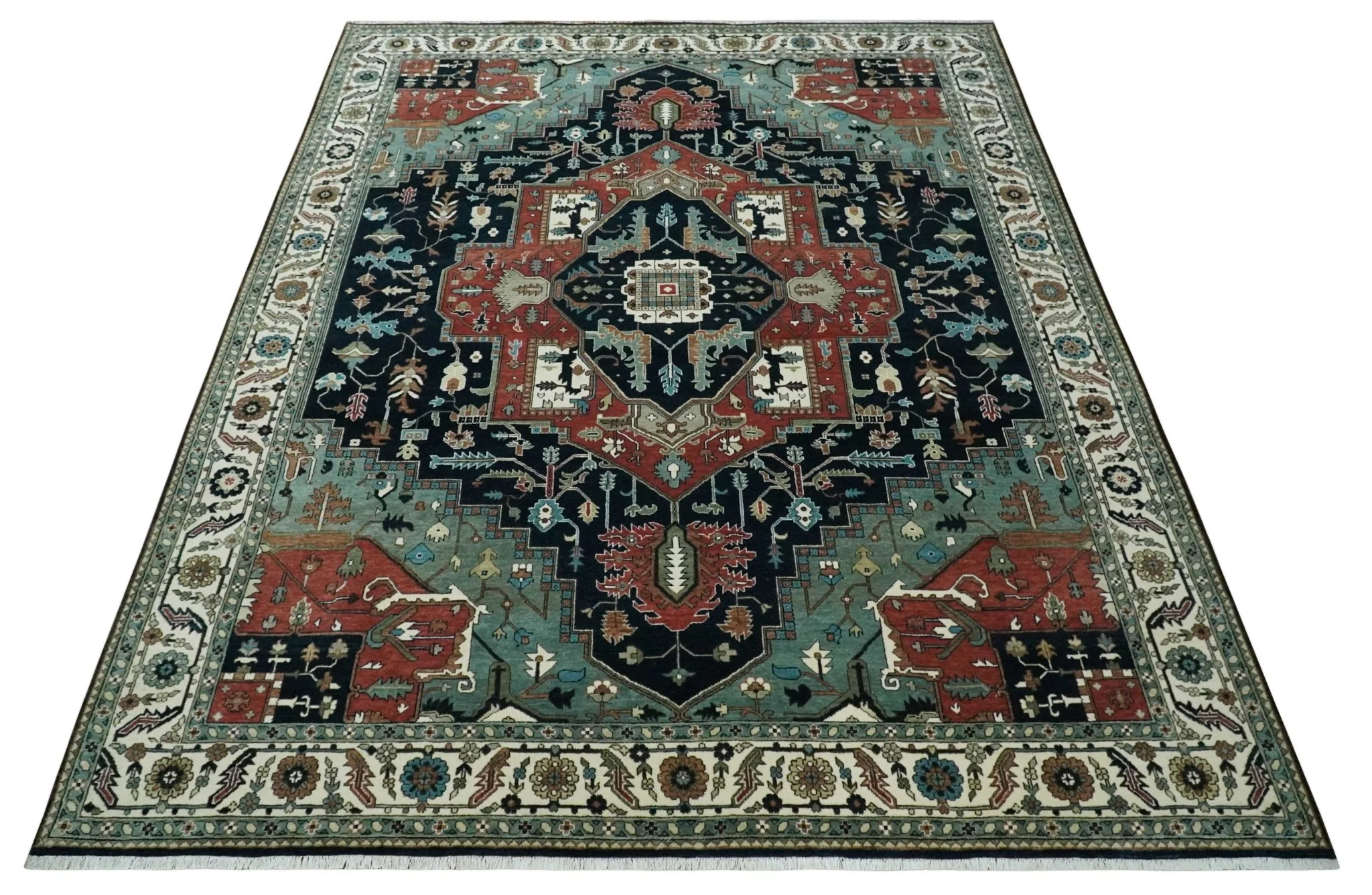 Fine 9x12 Hand Knotted Brown, Black, Blue and Ivory Traditional Wool Area Rug - Image 10