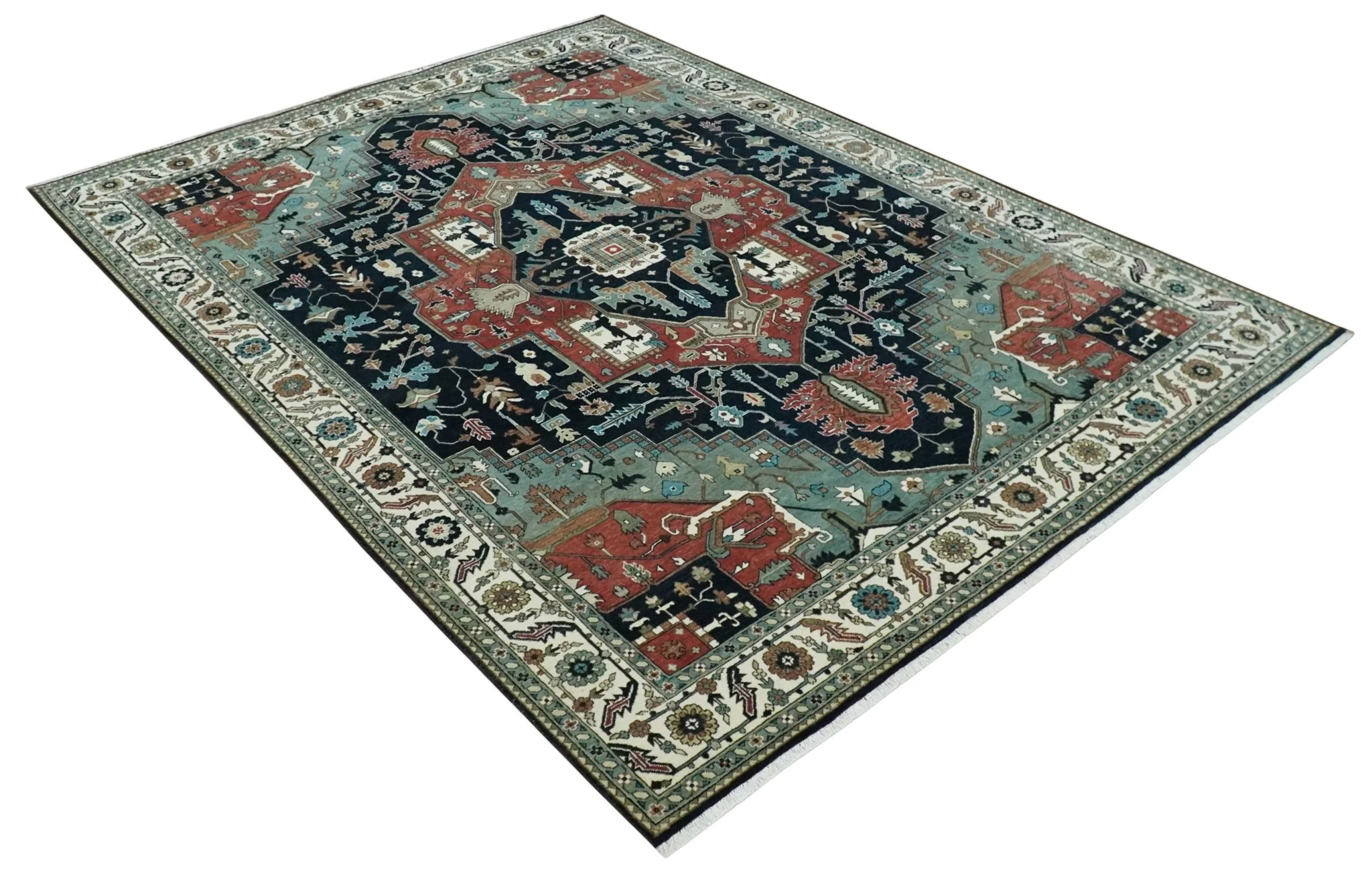 Fine 9x12 Hand Knotted Brown, Black, Blue and Ivory Traditional Wool Area Rug - Image 9