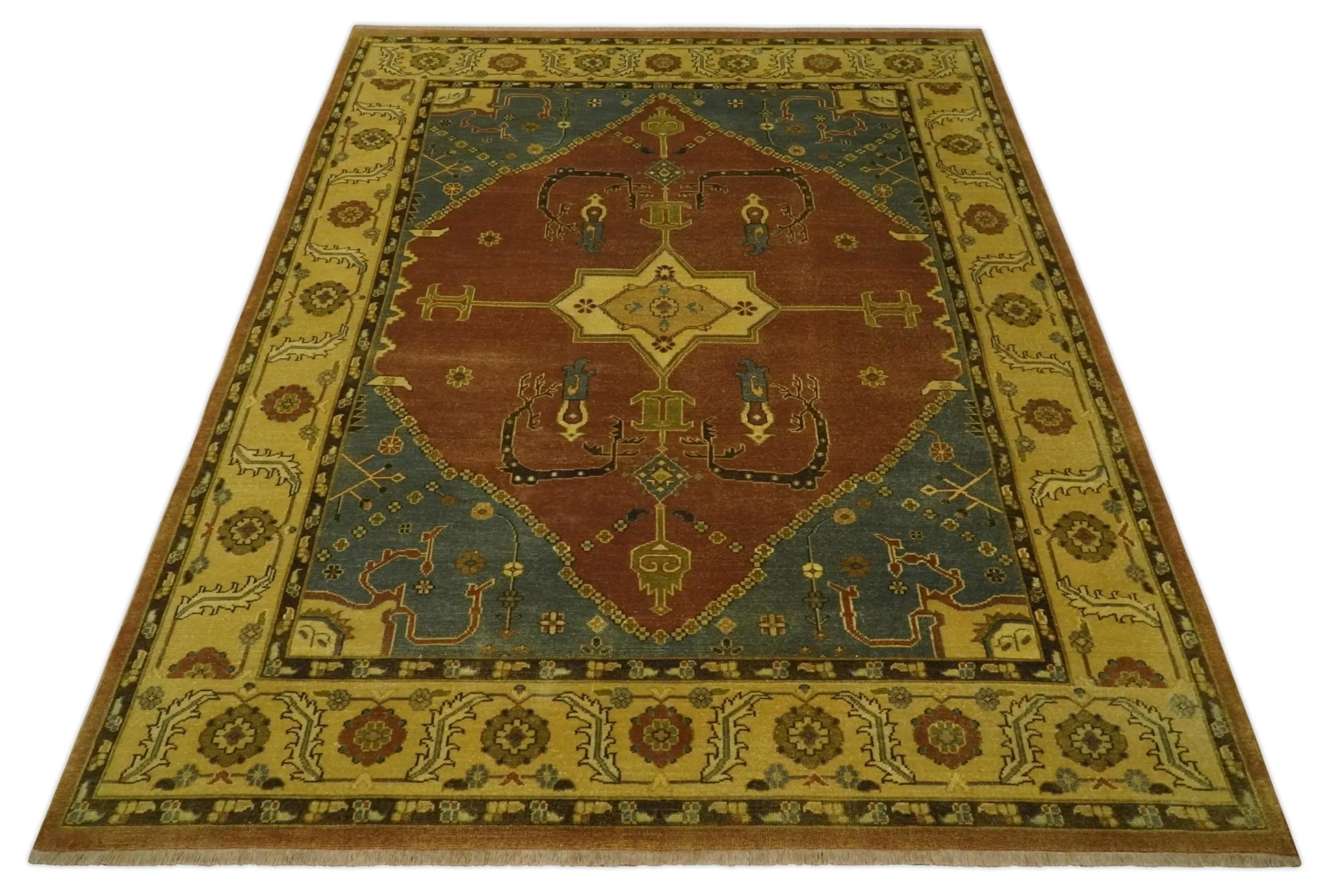 8.8x11.9 Rust, Gold and Blue Heriz Traditional Vintage Style Antique Look Hand Knotted Wool Area Rug - Image 10