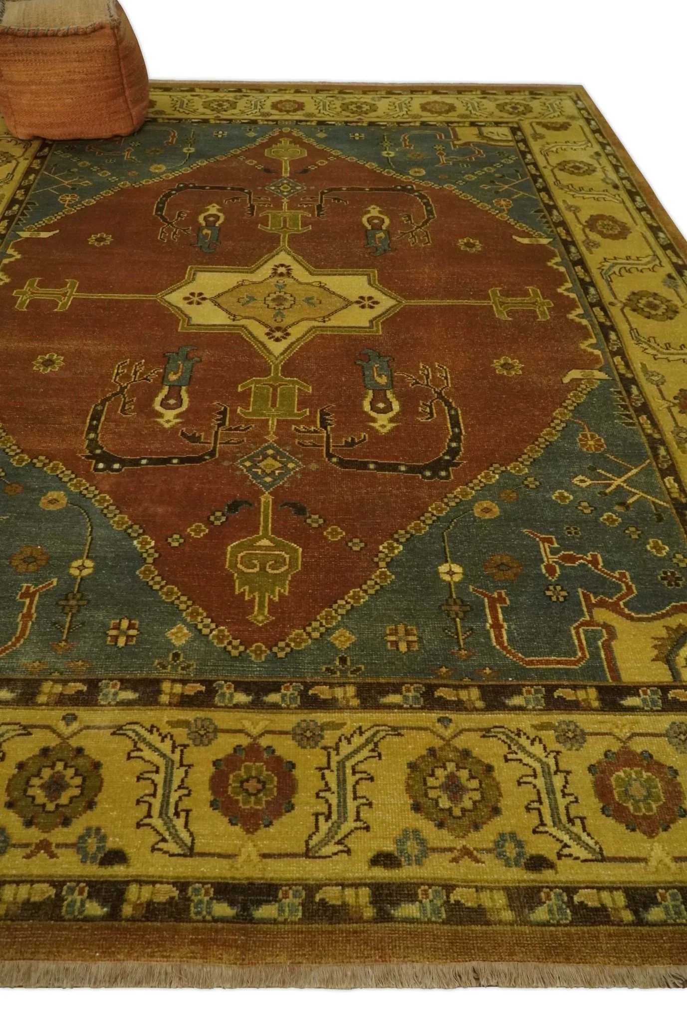 8.8x11.9 Rust, Gold and Blue Heriz Traditional Vintage Style Antique Look Hand Knotted Wool Area Rug - Image 3