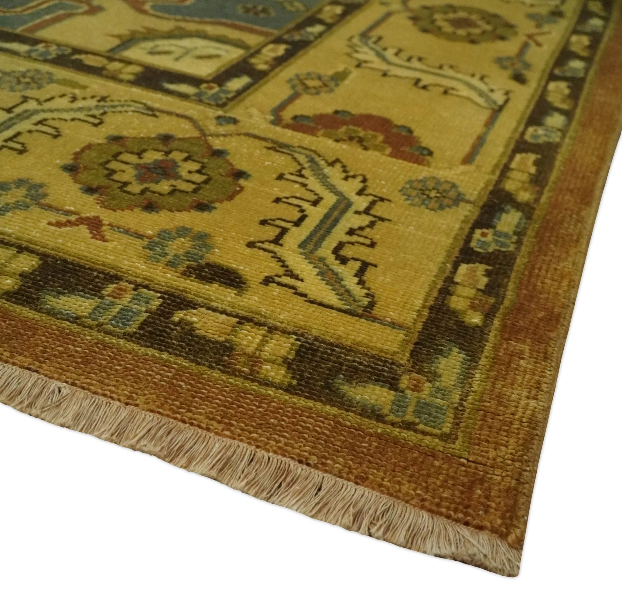 8.8x11.9 Rust, Gold and Blue Heriz Traditional Vintage Style Antique Look Hand Knotted Wool Area Rug - Image 5