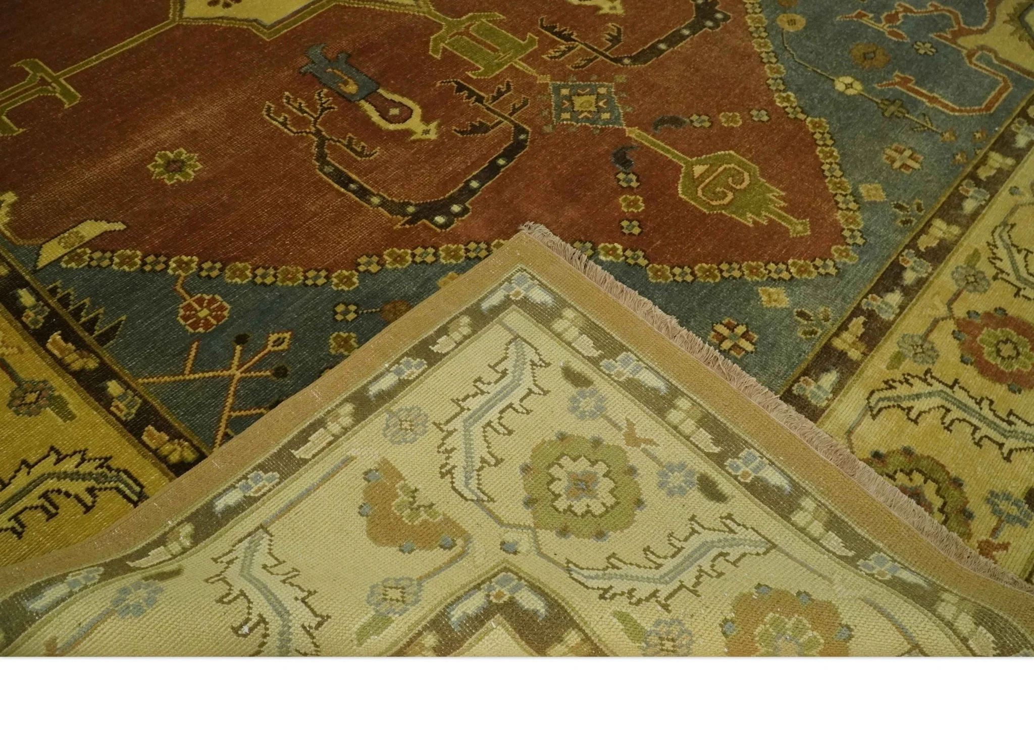 8.8x11.9 Rust, Gold and Blue Heriz Traditional Vintage Style Antique Look Hand Knotted Wool Area Rug - Image 6