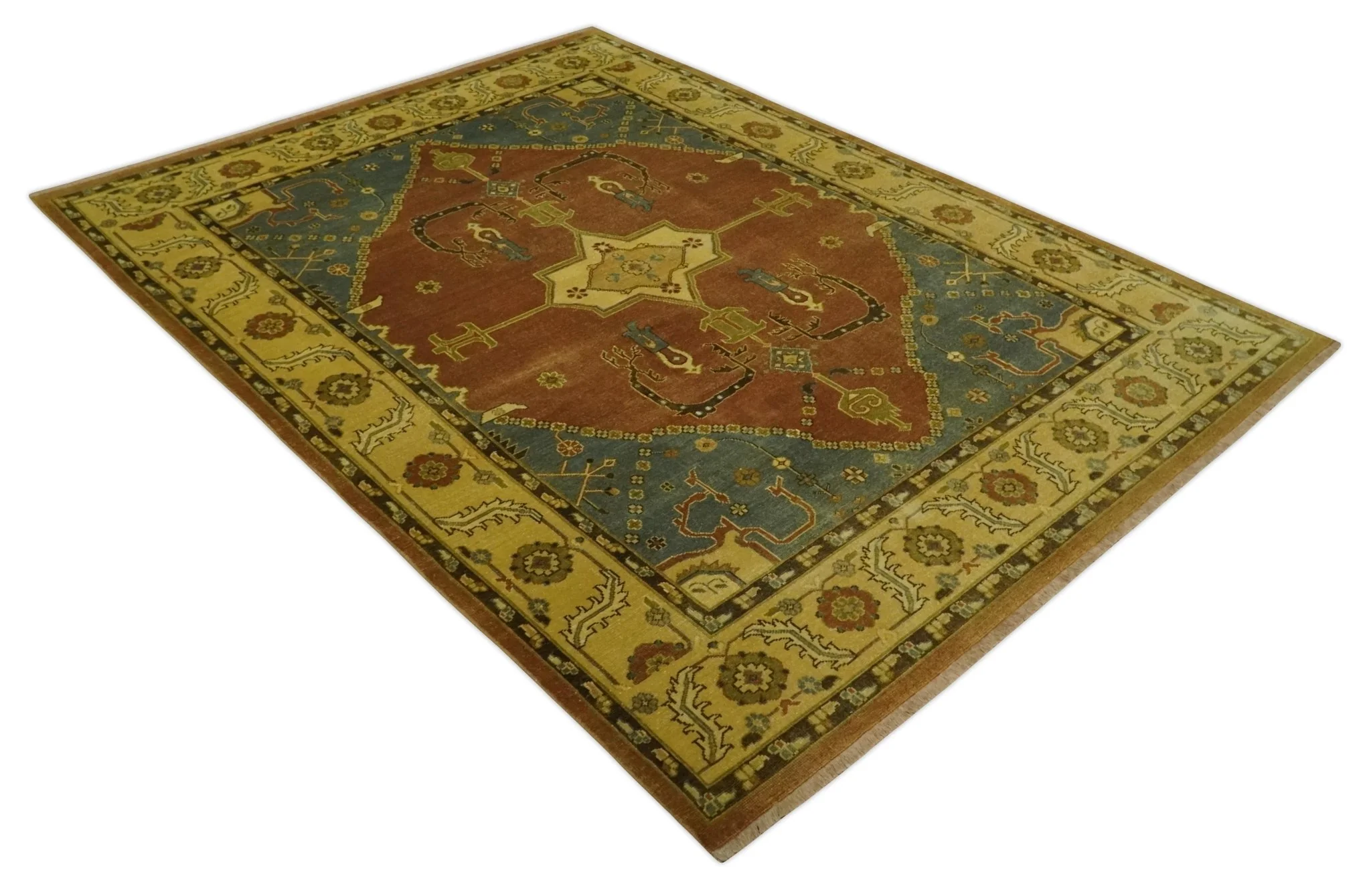 8.8x11.9 Rust, Gold and Blue Heriz Traditional Vintage Style Antique Look Hand Knotted Wool Area Rug - Image 9