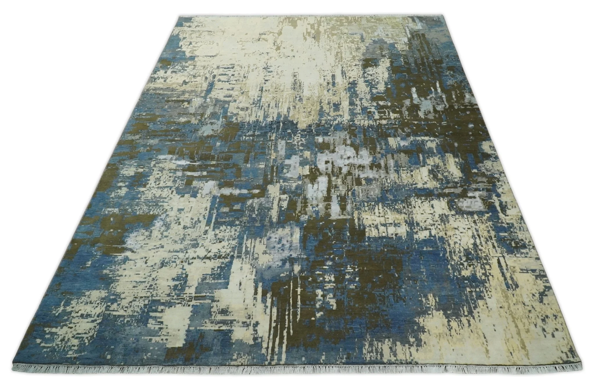 9x12 Fine Hand Knotted Beige and Blue Modern Abstract Style Antique Wool and Silk Area Rug | AGR31 - Image 10