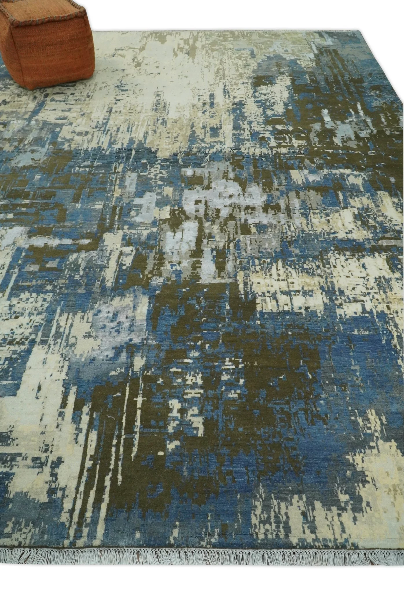 9x12 Fine Hand Knotted Beige and Blue Modern Abstract Style Antique Wool and Silk Area Rug | AGR31 - Image 3
