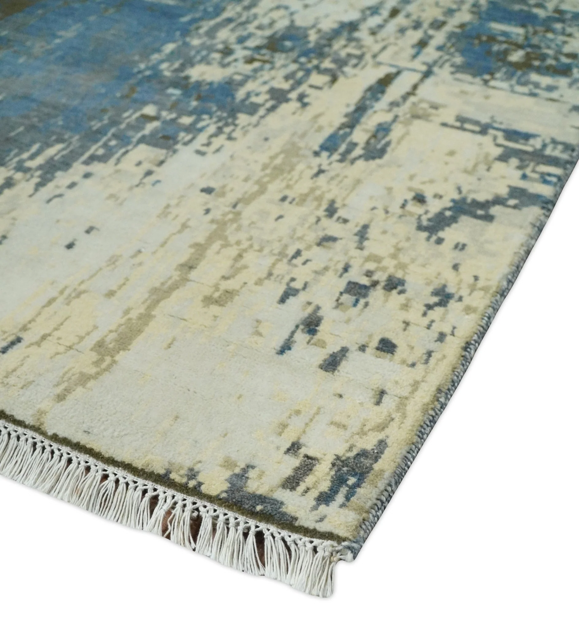 9x12 Fine Hand Knotted Beige and Blue Modern Abstract Style Antique Wool and Silk Area Rug | AGR31 - Image 5